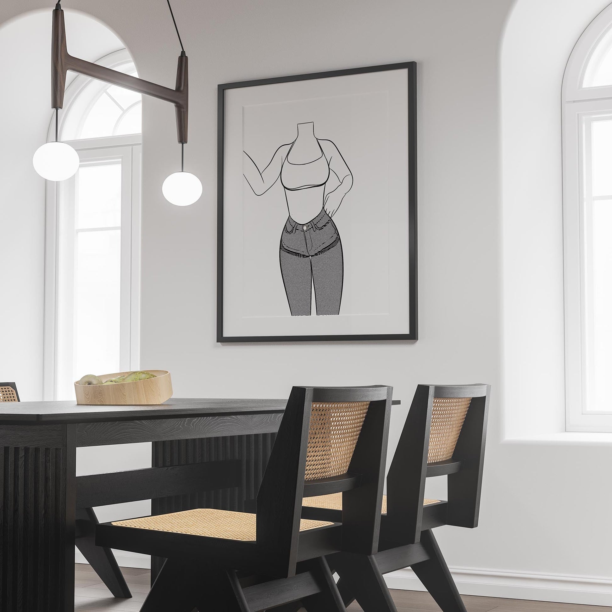 Line art illustration of Jeans Denim Model 34 framed on a modern dining room wall.