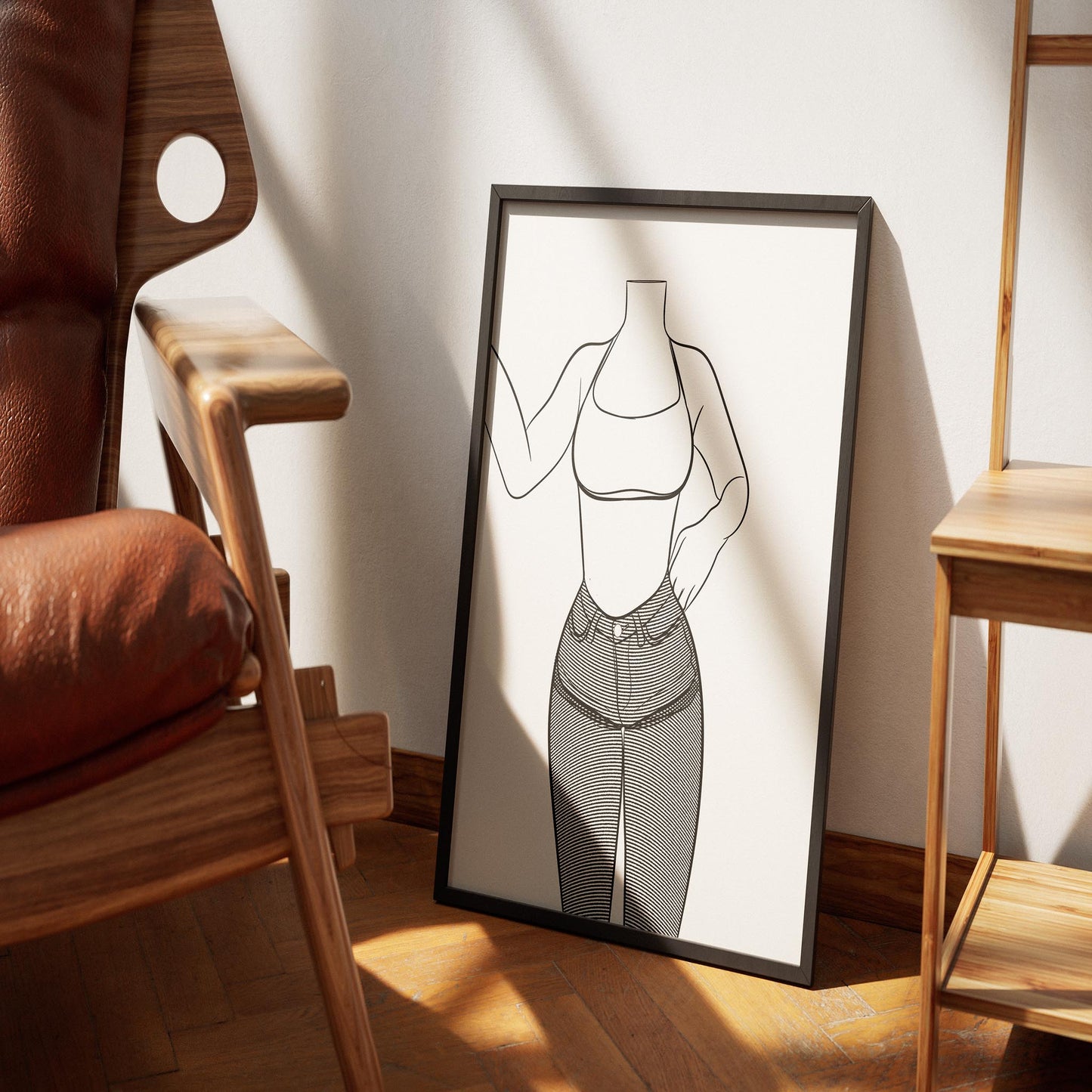 Line art illustration of Jeans Denim Model 34 framed and displayed in a stylish setting.