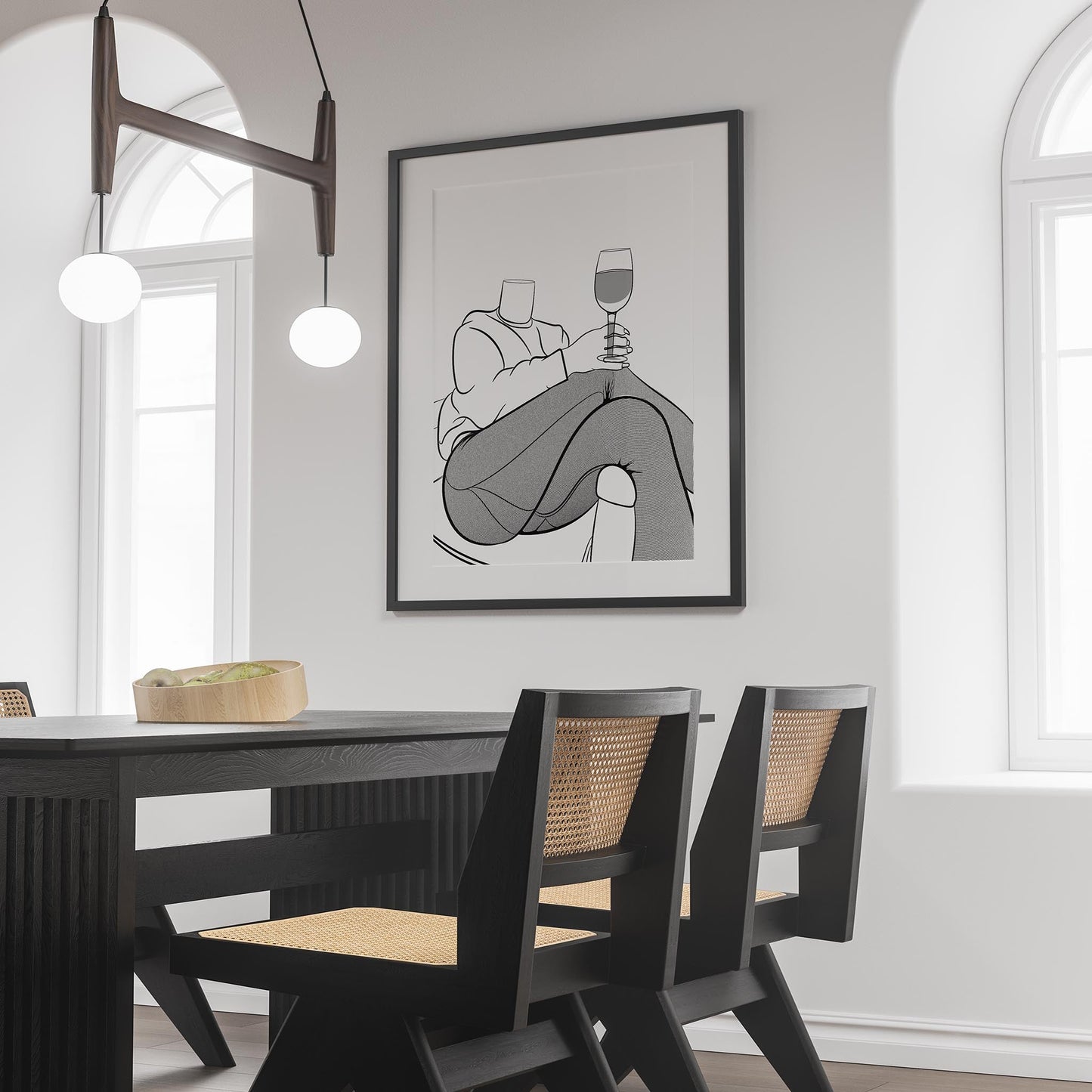 Line art of Jeans Denim Model 35 artwork in a modern dining room setting.