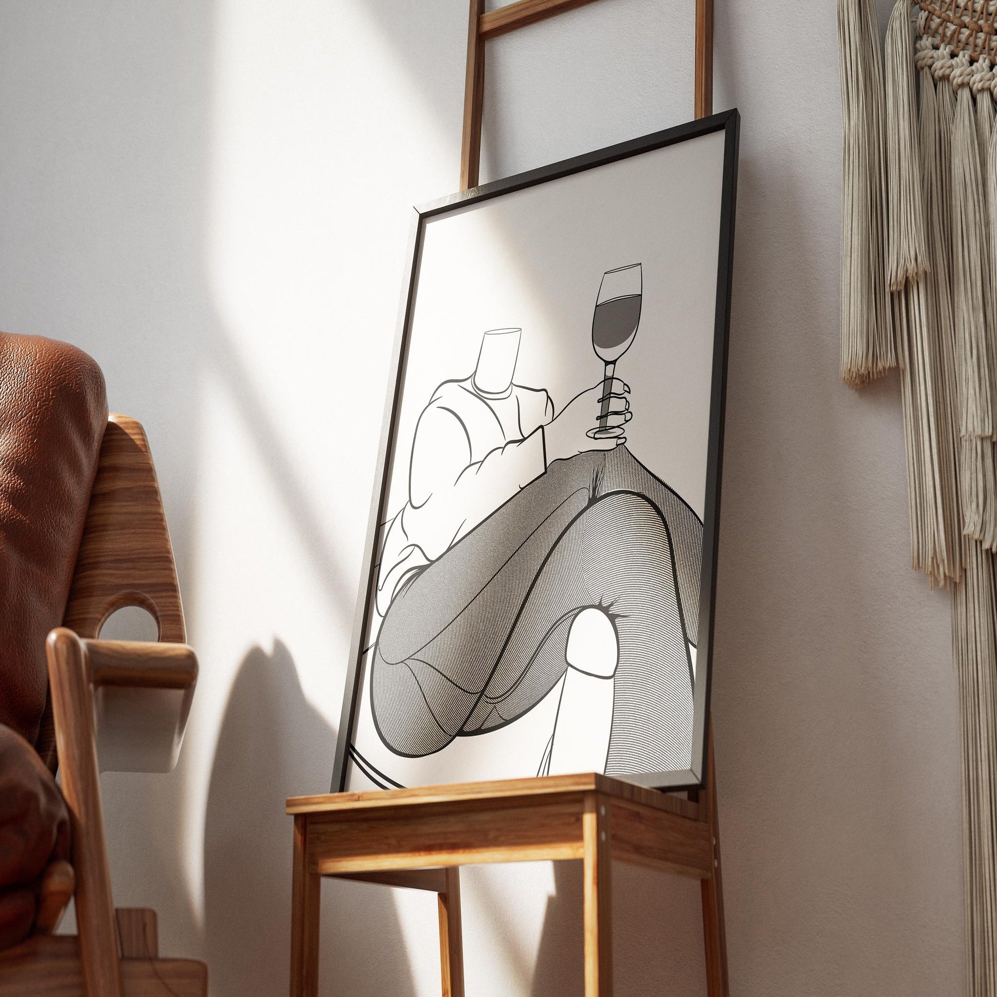 Line art illustration of a person in jeans and sweater holding a glass, sitting on a chair.