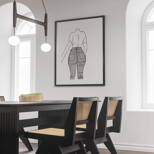 Contemporary pop art print featuring high-waisted jeans in line art, framed in a modern interior.