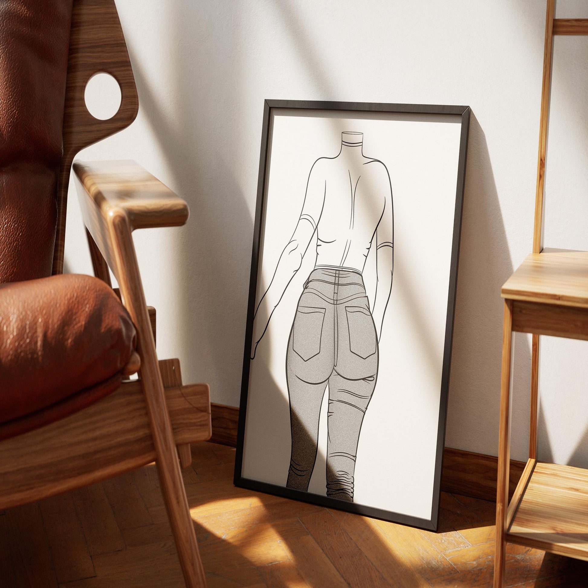 Digitalized line art poster of high-waisted jeans denim design, perfect wall decor for modern spaces.