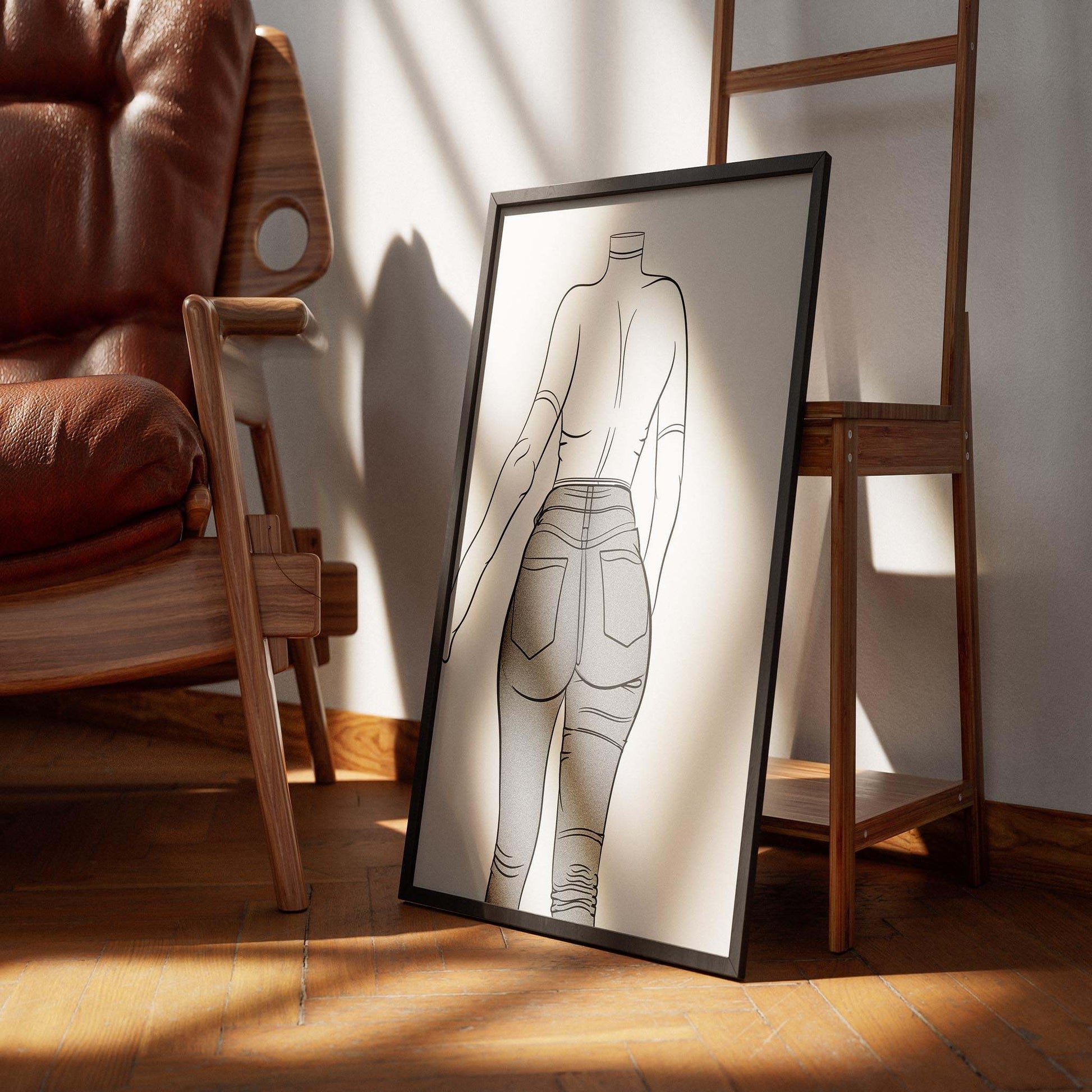 Digital artwork of a figure in high-waisted jeans with bold shading, showcasing modern denim appeal.