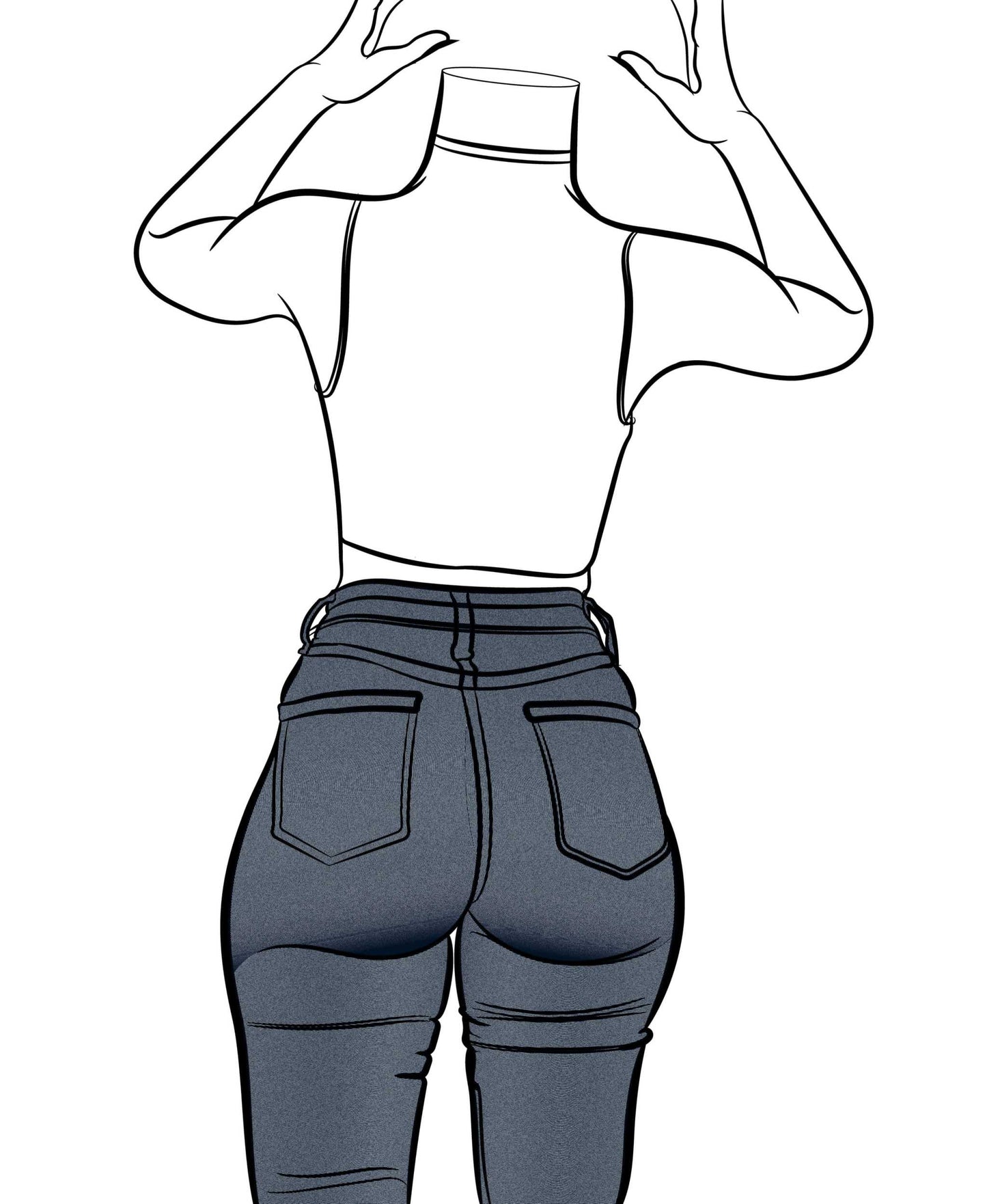 Line art illustration of a figure wearing high-waisted denim jeans, showcasing bold lines and vibrant blue tones.
