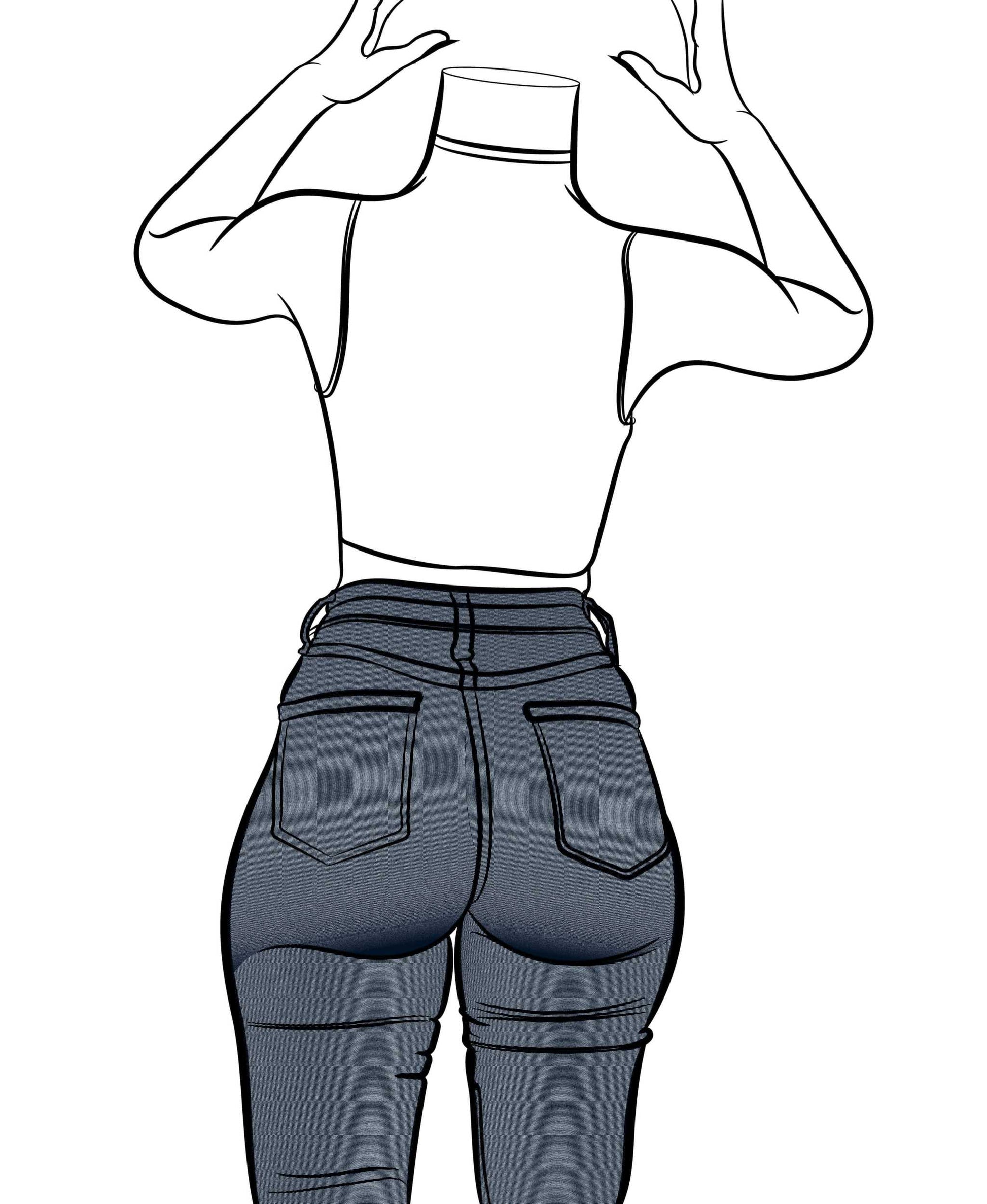 Line art illustration of a figure wearing high-waisted denim jeans, showcasing bold lines and vibrant blue tones.