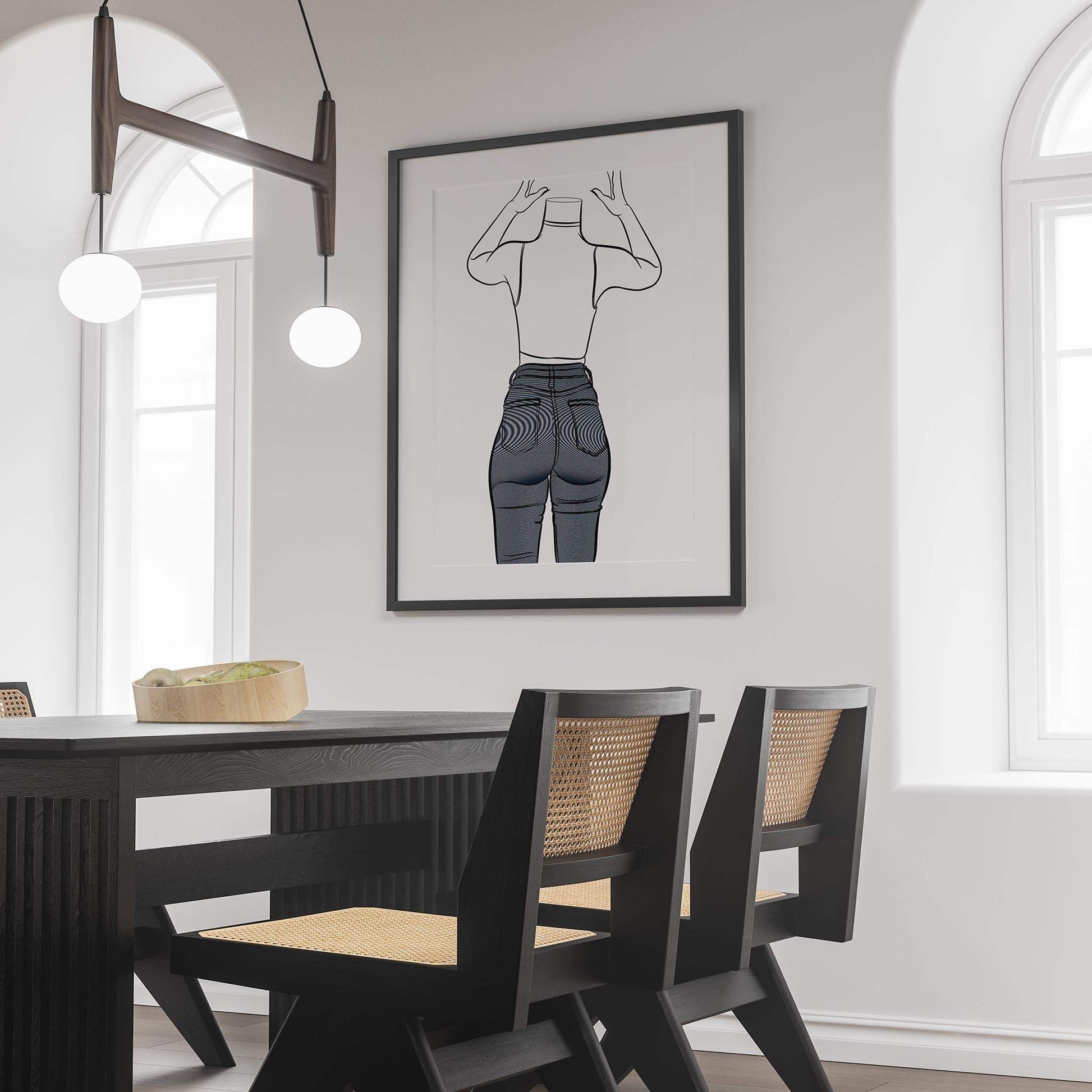 Framed digital line art of high-waisted denim jeans on a modern interior wall, titled "Jeans Denim - Line Model Art 5".