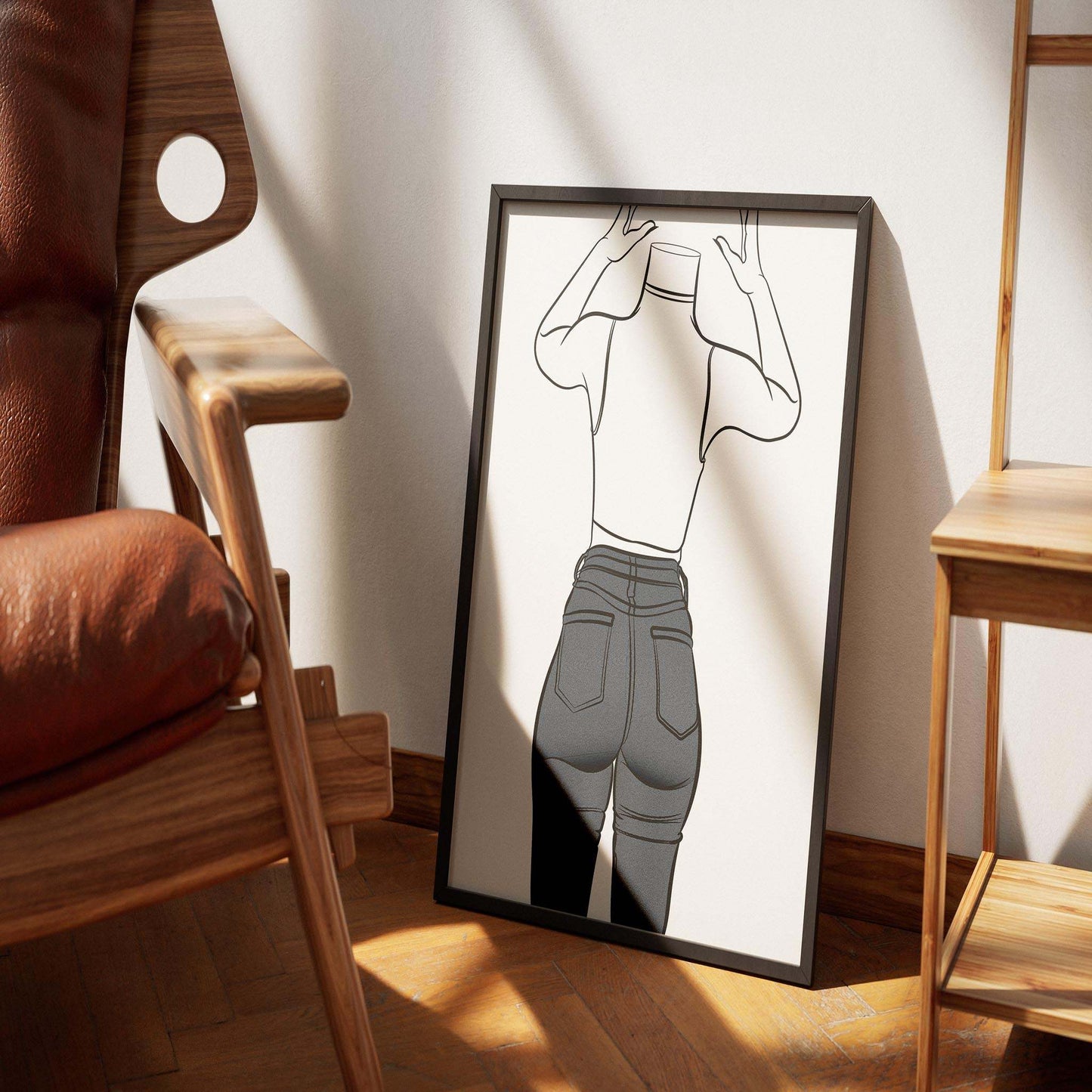 Chic digital line art of a figure in high-waisted denim jeans, showcasing modern fashion elegance.