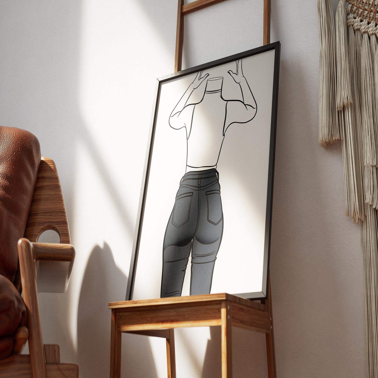 Digital line art of high-waisted denim jeans in a modern pose, showcasing bold lines and blue tones for fashion-inspired decor.