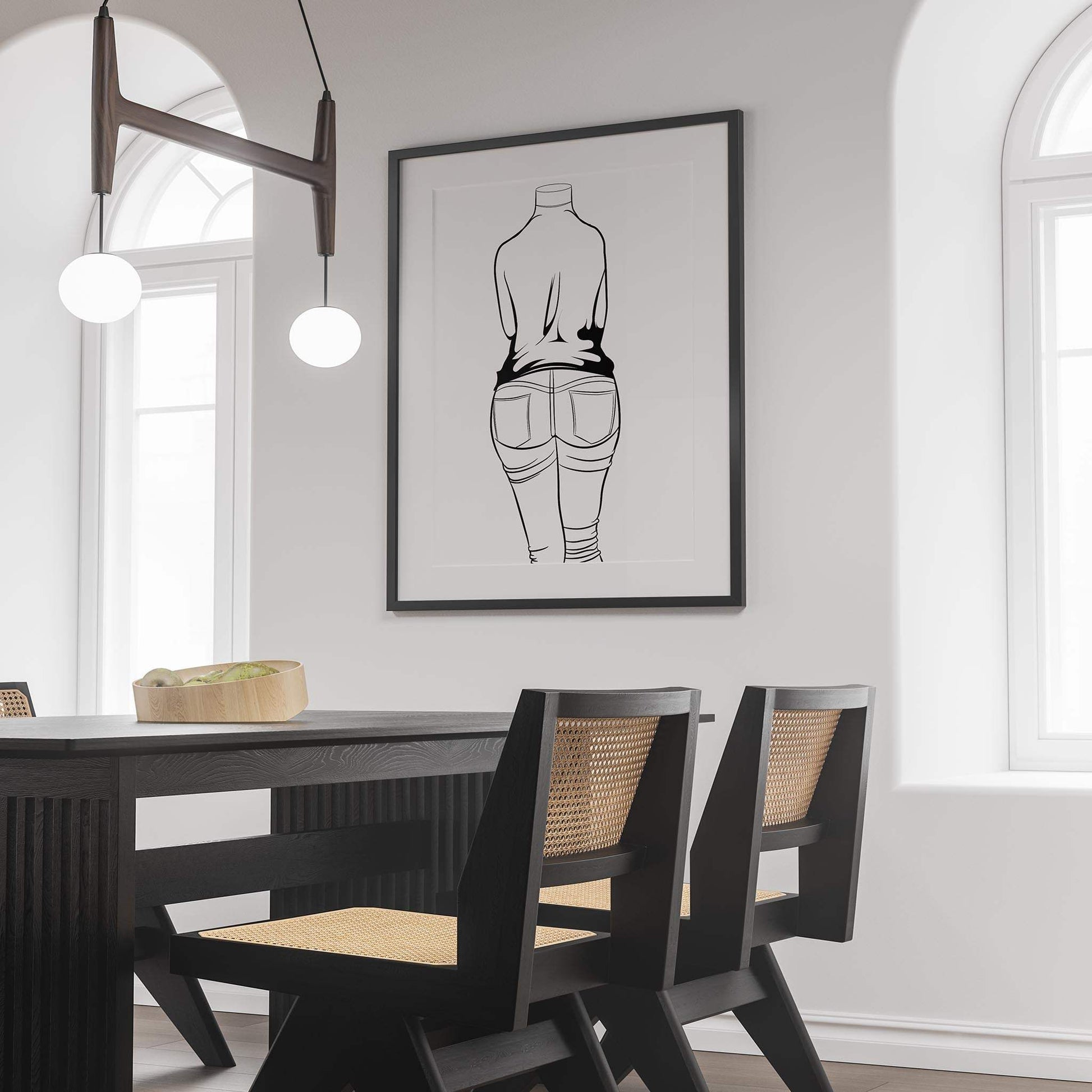 Digital line art of high-waisted denim jeans, framed in a minimalistic dining room setting.
