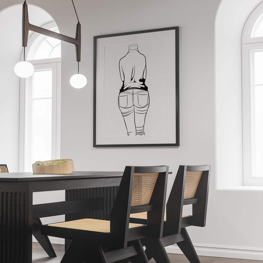 Digital line art of high-waisted denim jeans, framed in a minimalistic dining room setting.