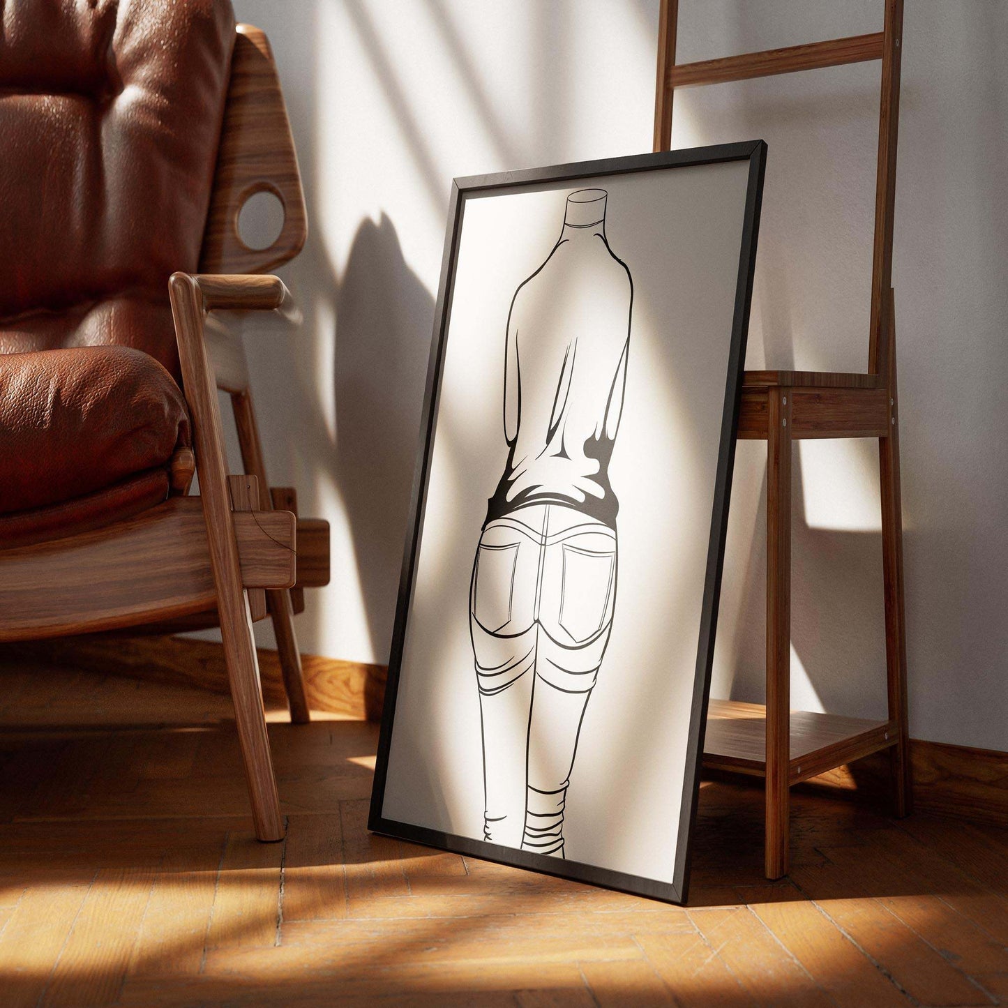 Framed digital line art of Jeans Denim Model 6 on floor with chair in background.