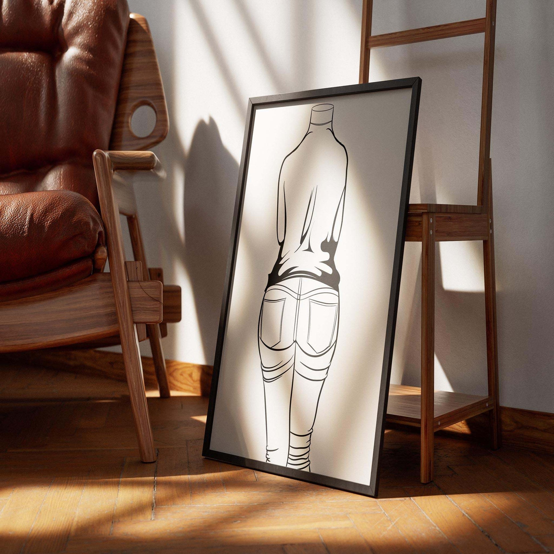 Framed digital line art of Jeans Denim Model 6 on floor with chair in background.