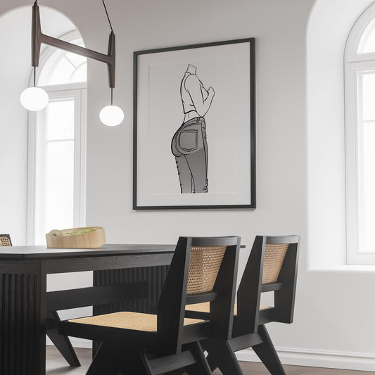 Digital pop art print of high-waisted jeans in a sleek, modern style, displayed in a contemporary room.
