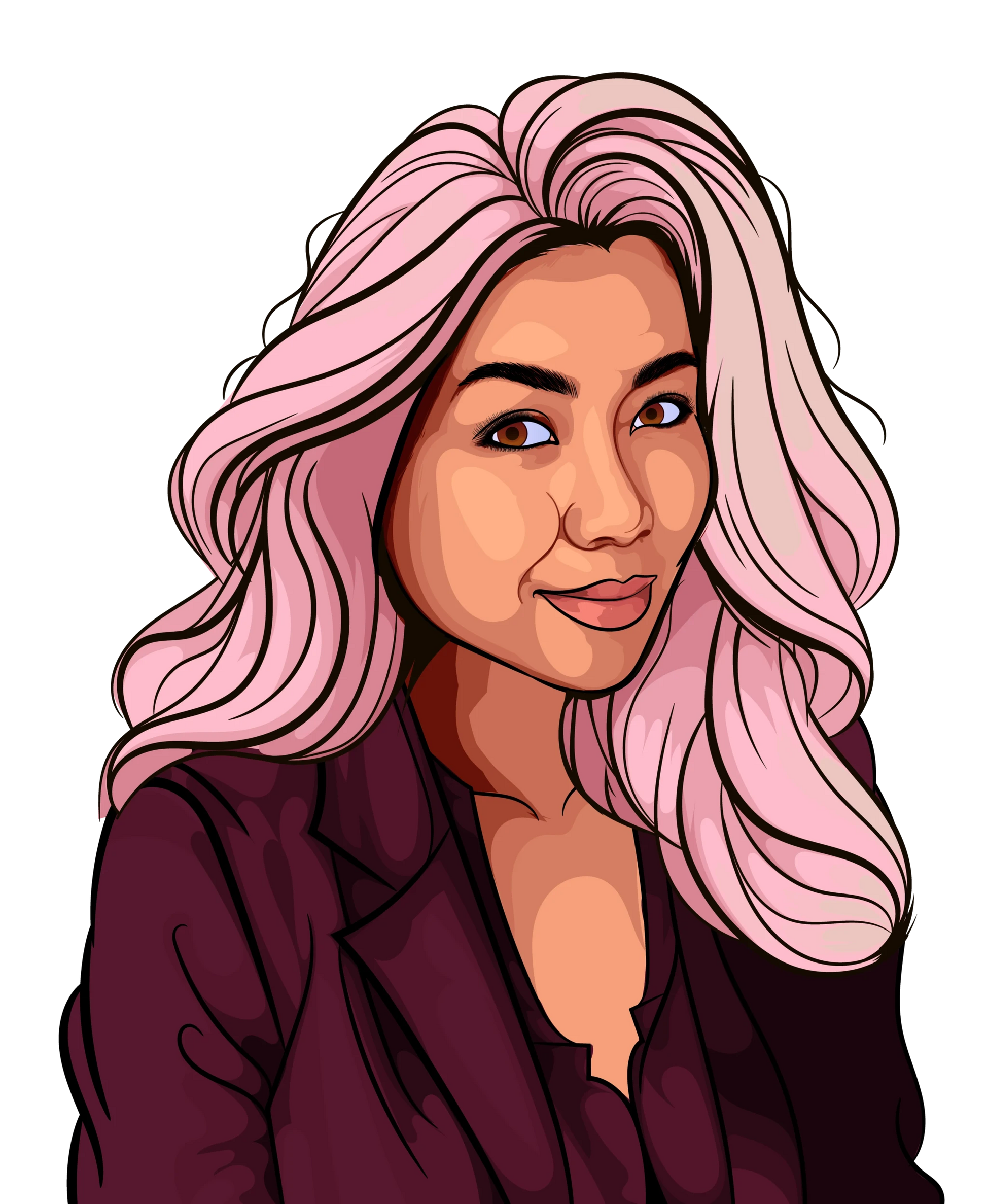 2D colored art portrait of a person with pink hair and a dark outfit.