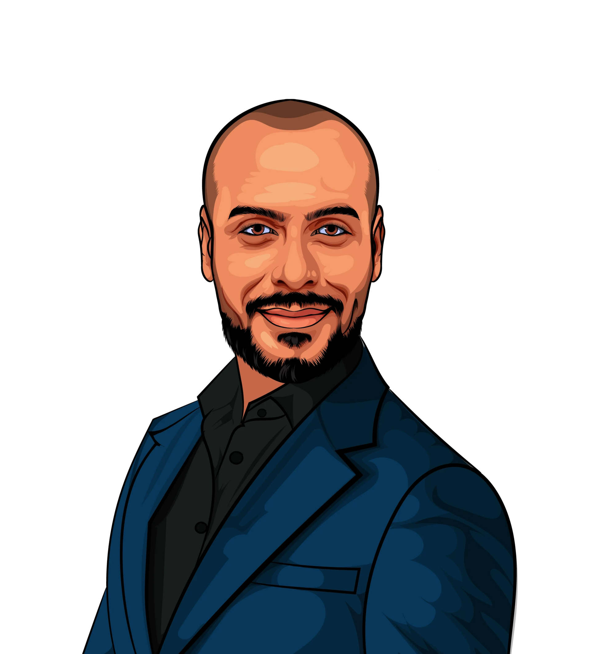 2D colored art digital portrait of a man in a blue suit.