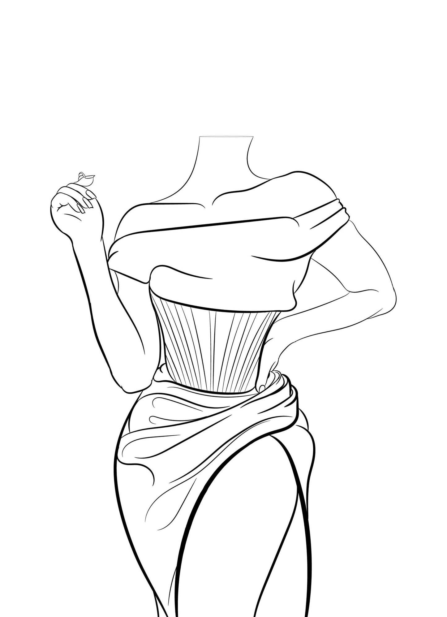 Elegant line art illustration of a figure in a flowing off-shoulder dress, emphasizing modern glamour with intricate detailing.