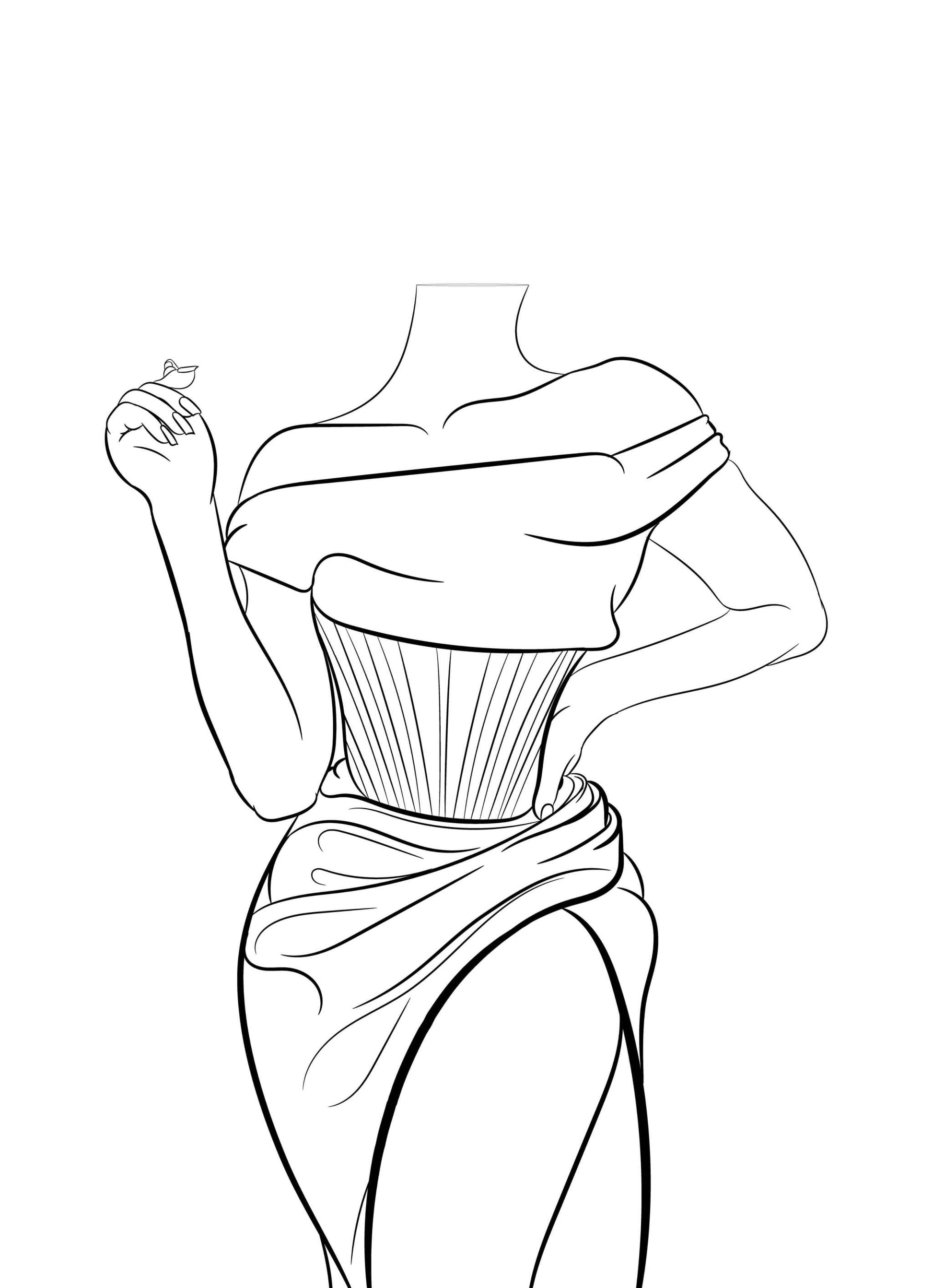 Elegant line art illustration of a figure in a flowing off-shoulder dress, emphasizing modern glamour with intricate detailing.