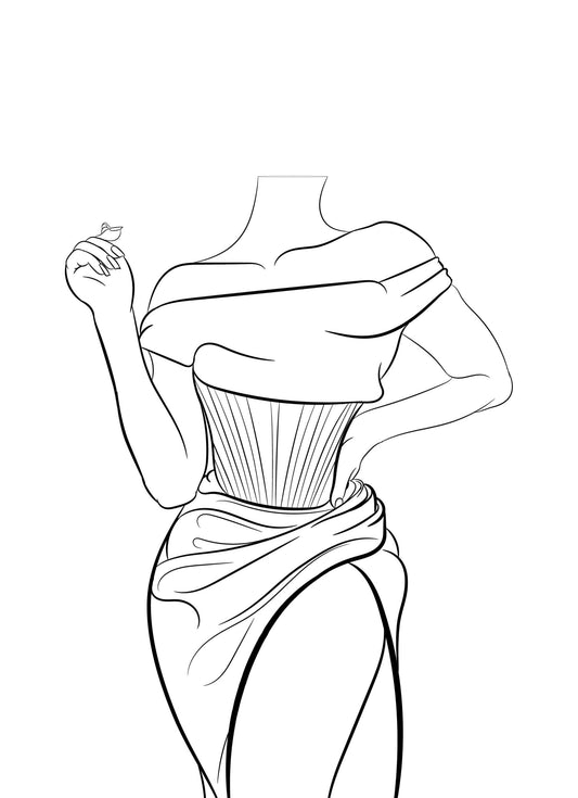 Elegant line art illustration of a figure in a flowing off-shoulder dress, emphasizing modern glamour with intricate detailing.