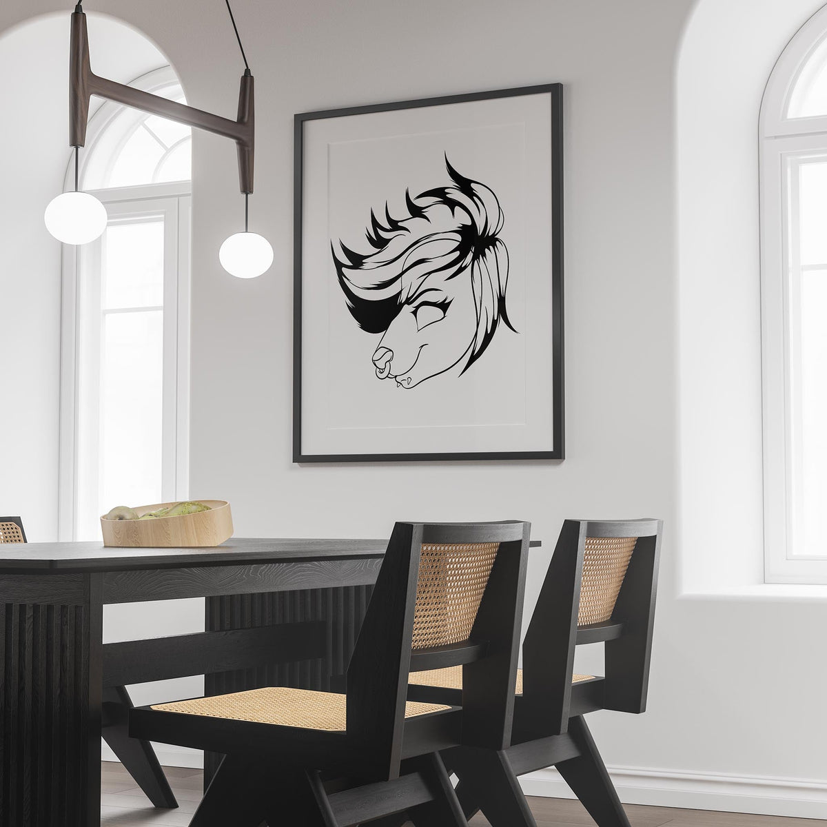 Furries Model 25 line art in black frame on wall of modern dining room.