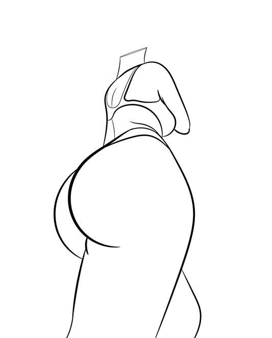 Line art of female figure in lingerie, Model 10, showcasing bold and confident curves.