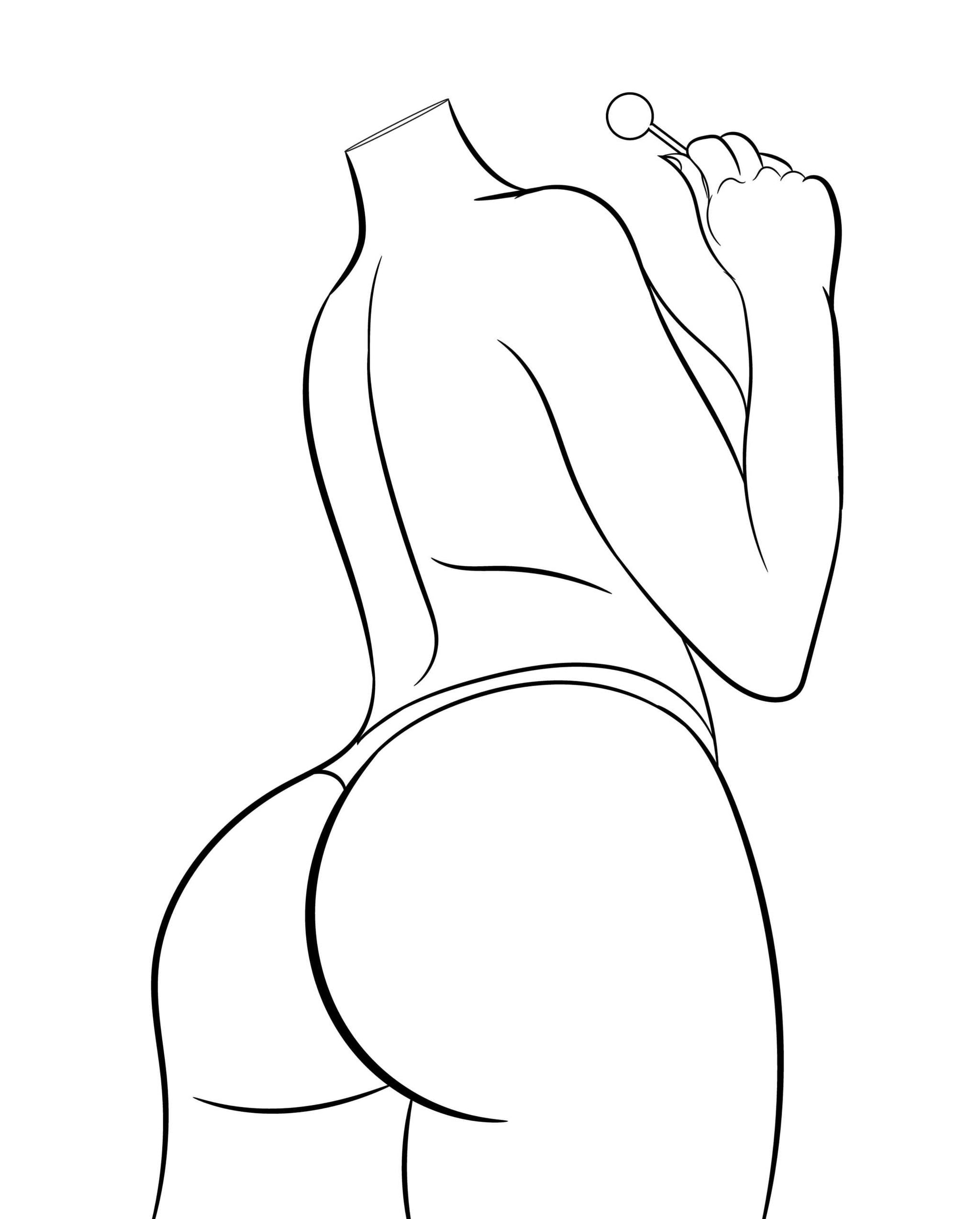 Digital line art of a confident female figure holding a lollipop, Model 12 - Line Art.