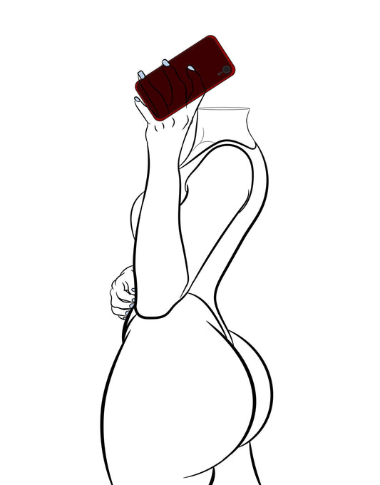 Bikini Model 14 - Line Art digital print, headless figure taking selfie, pop art style.