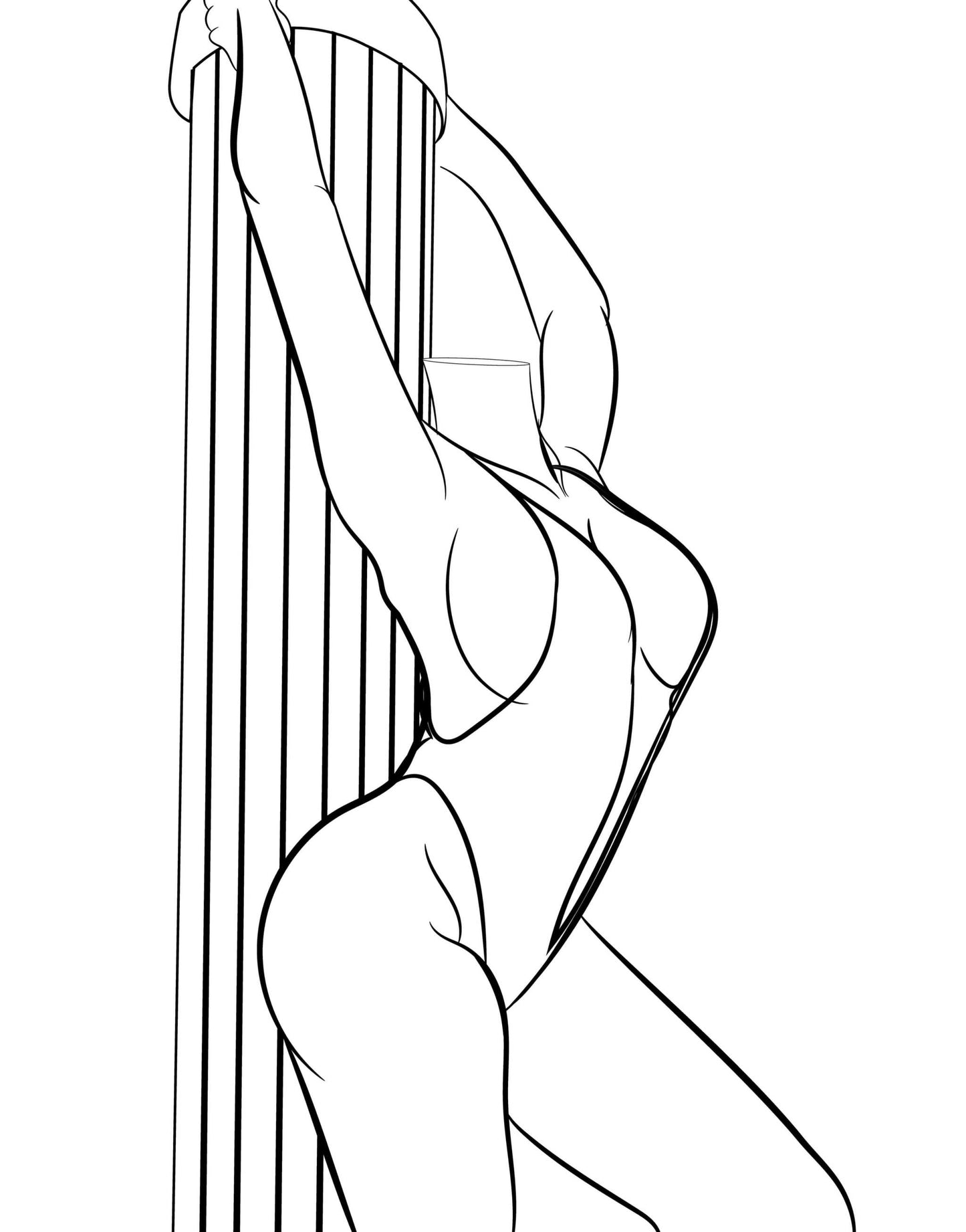 Digital line art of Model 15 in a dynamic pose against a bold column, pop art style.