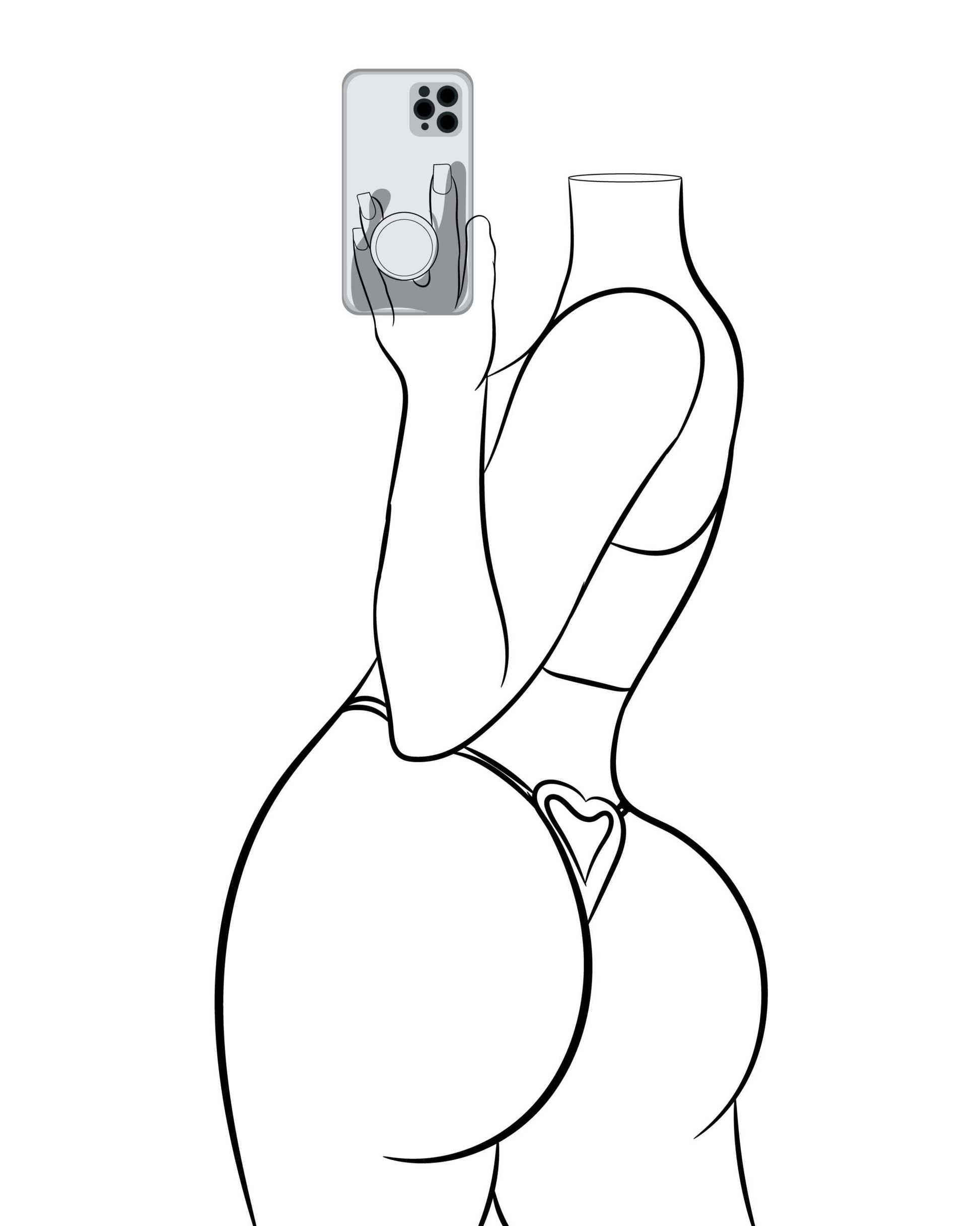 Line art of a headless figure in lingerie with a smartphone, Model 17 - Line Art, pop art style.