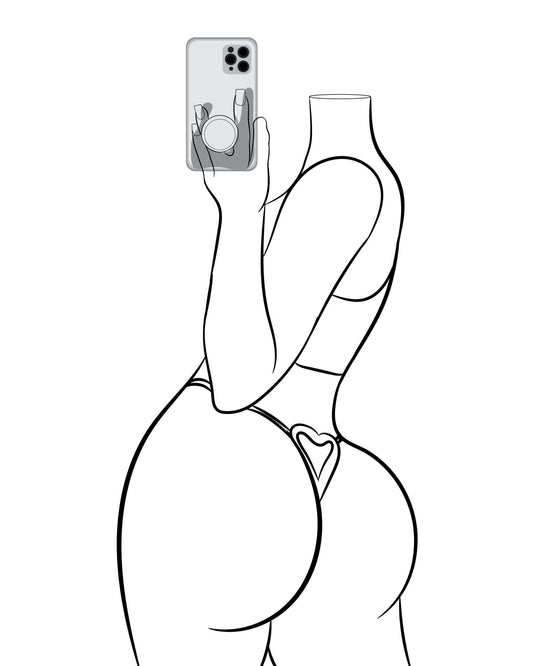 Line art of a headless figure in lingerie with a smartphone, Model 17 - Line Art, pop art style.