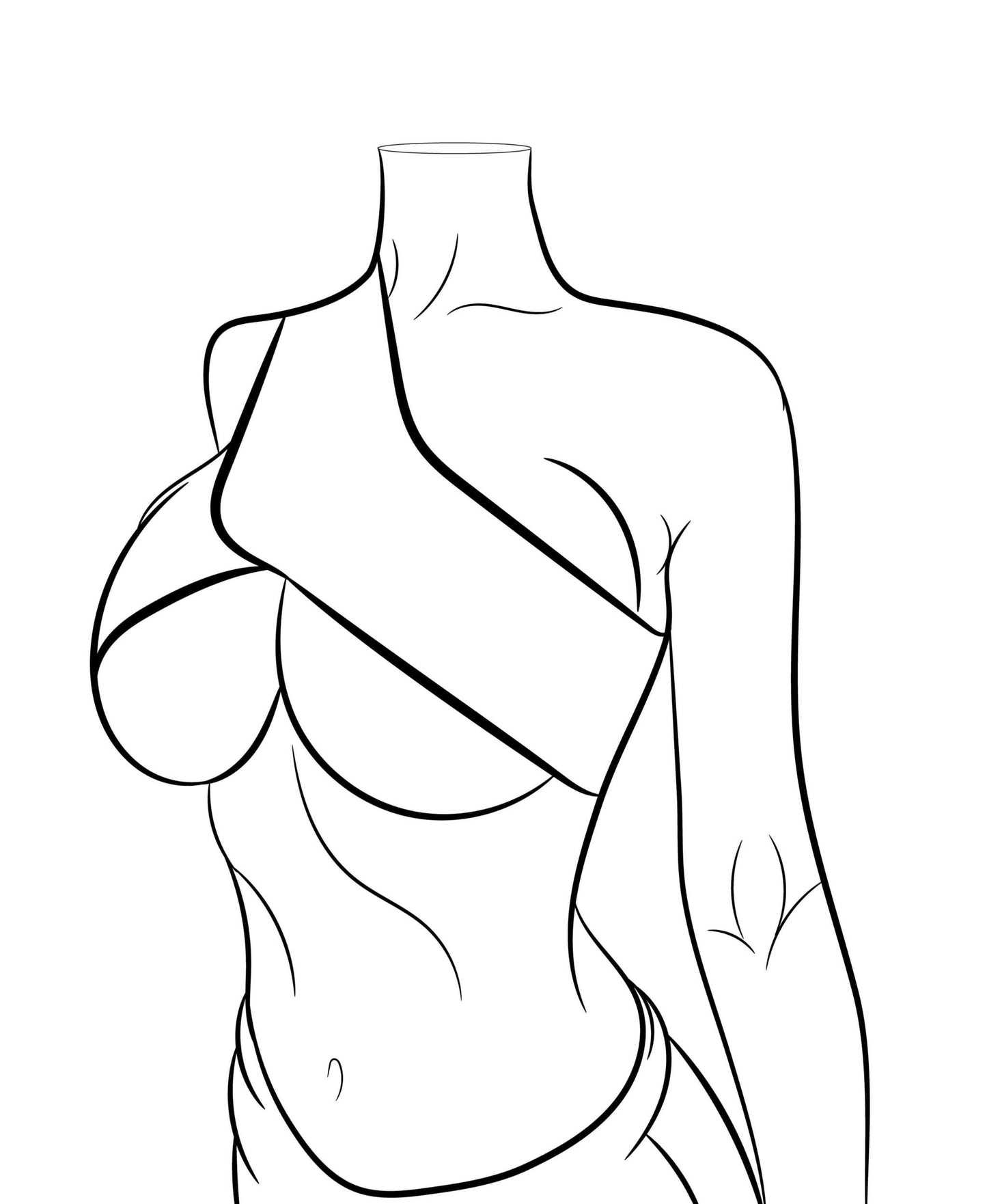 Digital line art of a headless figure wrapped in turquoise and white bands, minimalist and futuristic design.