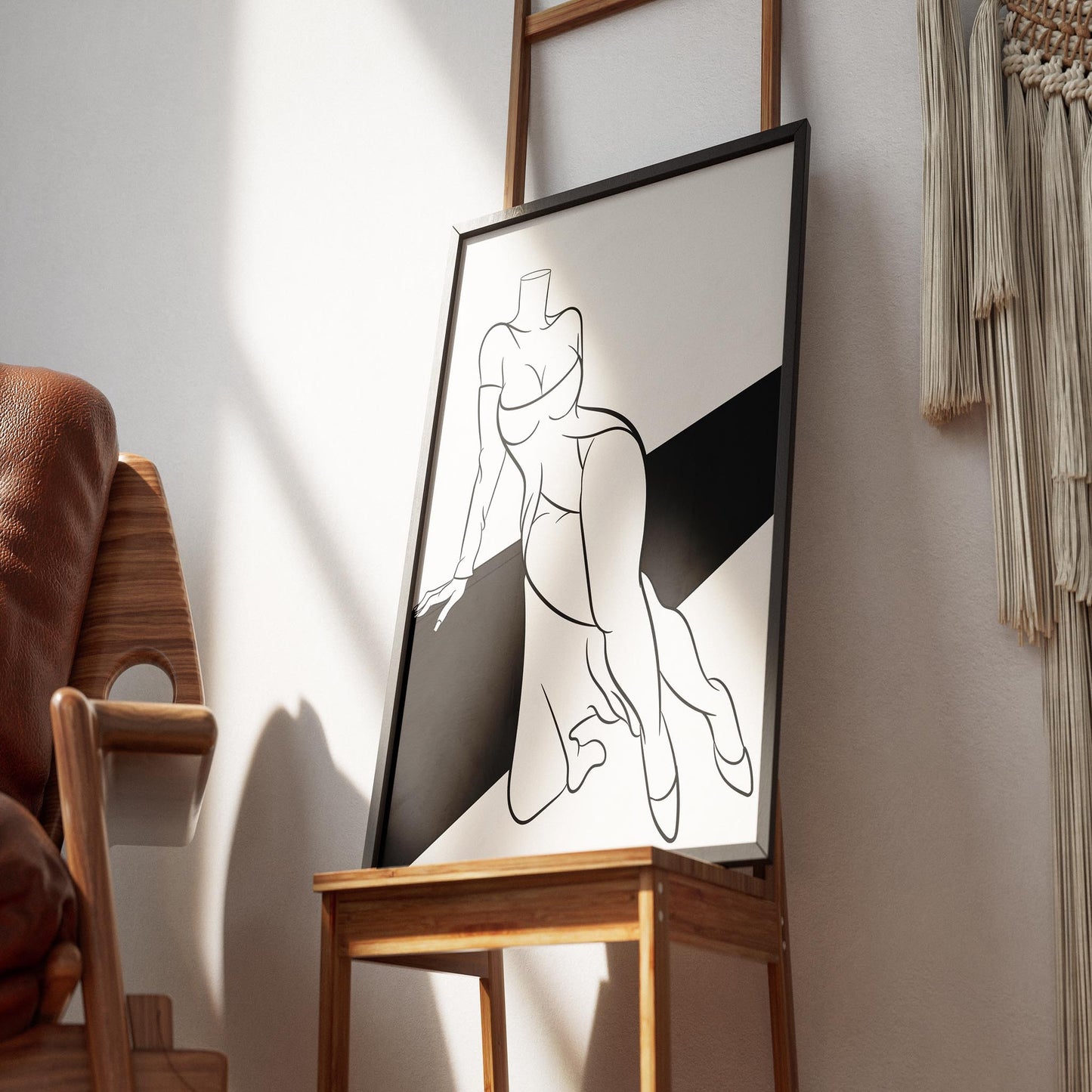 Line art depicting a dynamic off-shoulder dress, ideal for wall art or creative projects.