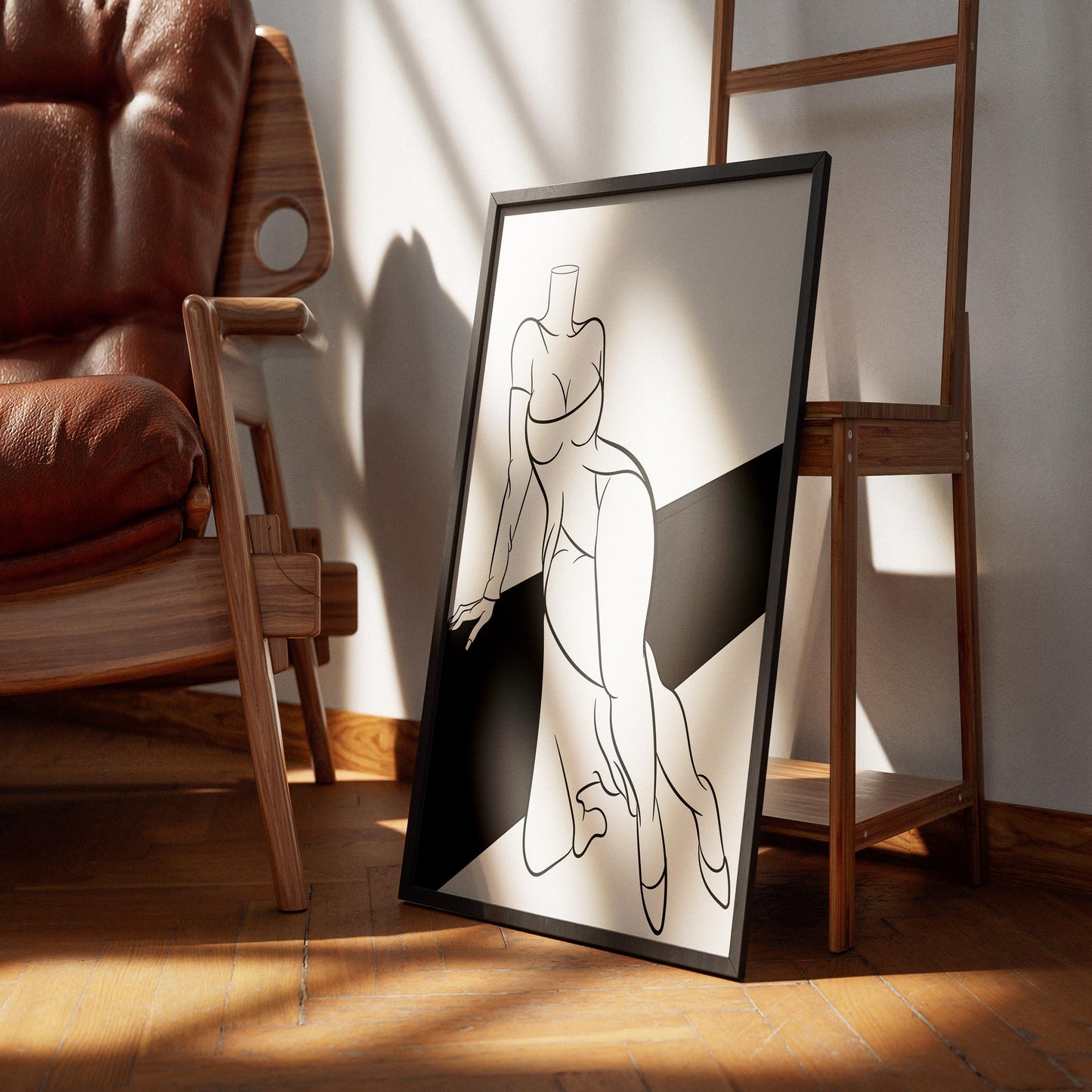 Line art of off-shoulder dress showcasing movement and poise, ideal for wall art or creative projects.