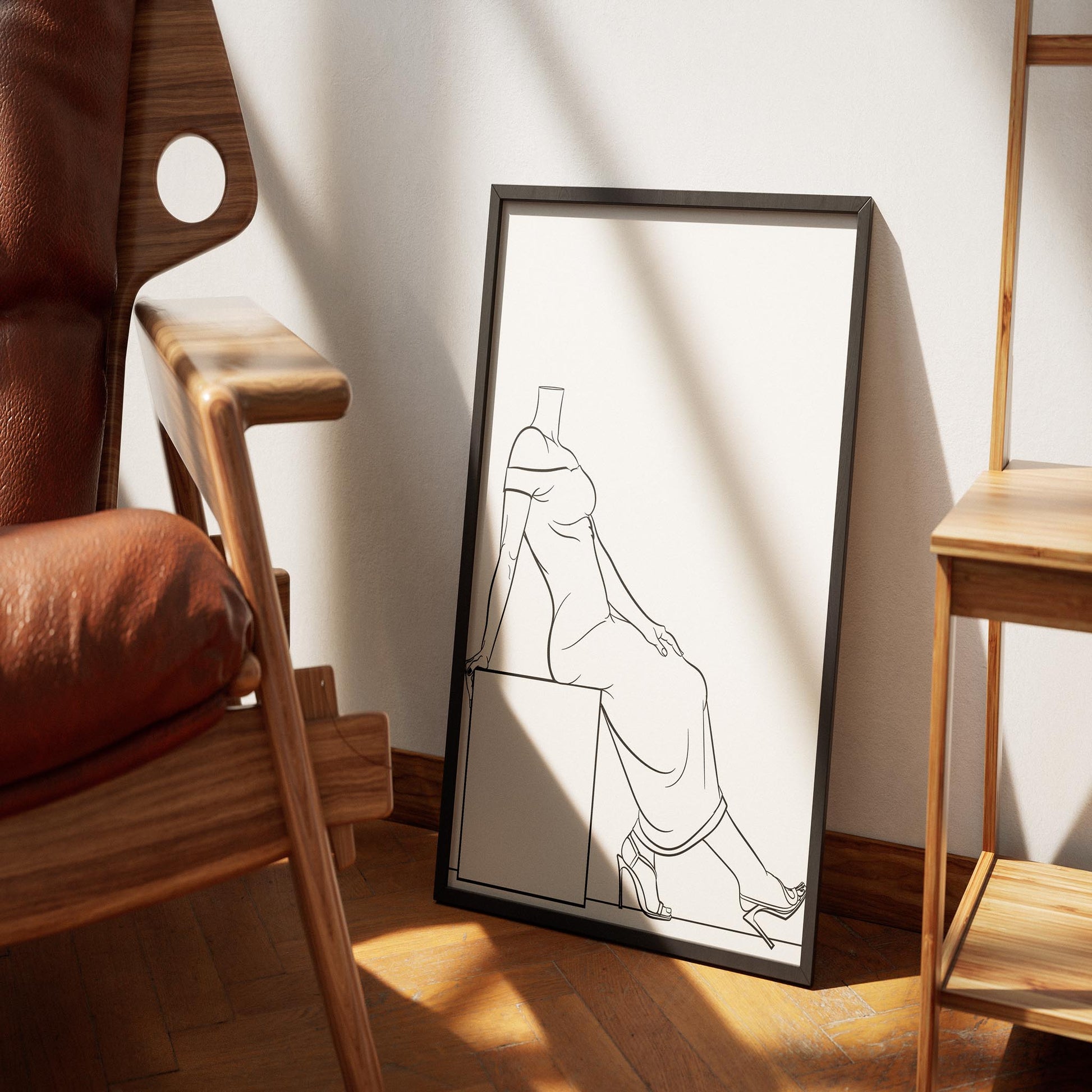Line art of a seated elegance dress framed against wooden furniture.