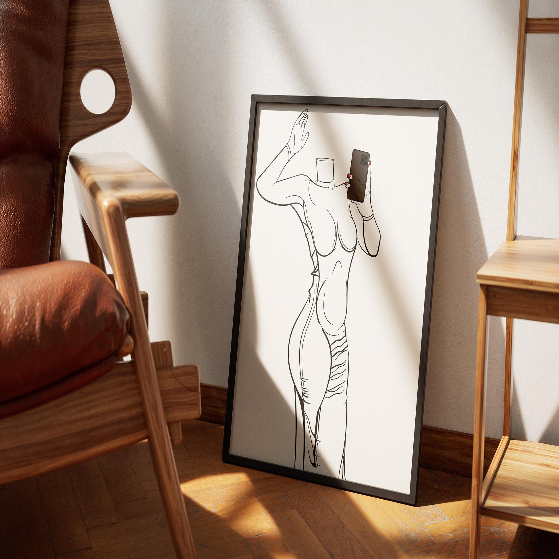 Line art of elegant flowing gown in a framed print, styled as room décor with evening elegance theme.