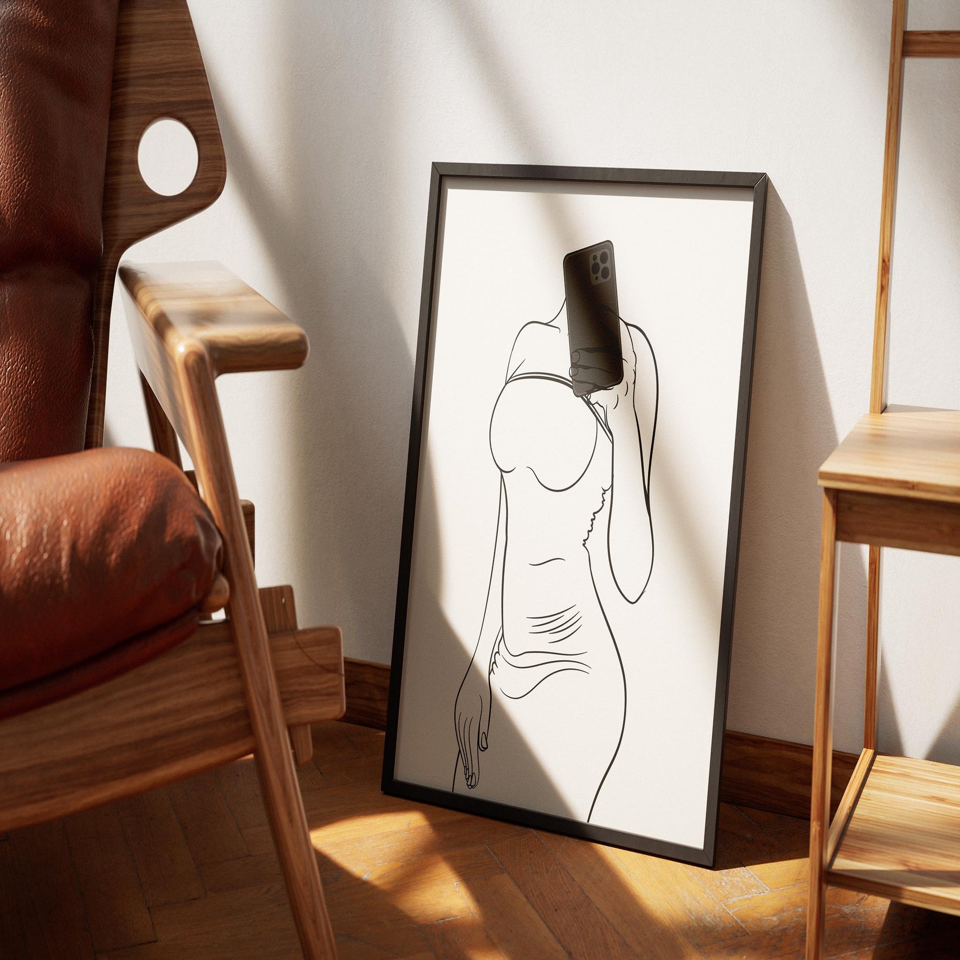 modern line art illustration of a figure in a dress holding a smartphone