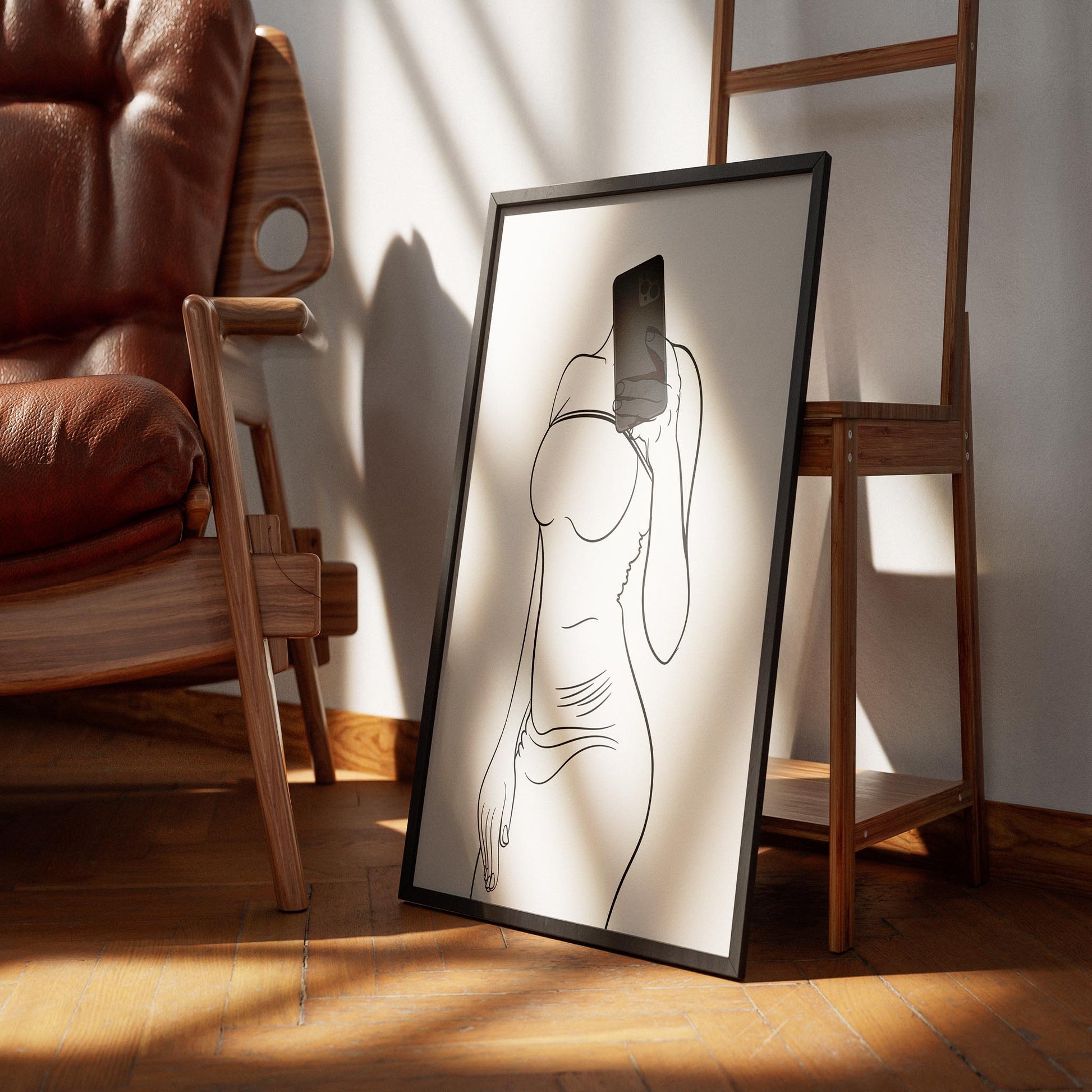 Minimalist line art of a figure in a modern dress holding a smartphone, framed and leaning against a chair.