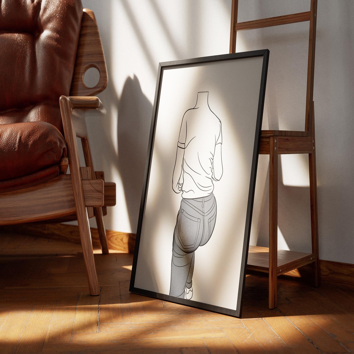 Line Art - Jeans Denim Model 47 digital artwork in a frame, displayed on a wooden floor, emphasizing stylish denim design.