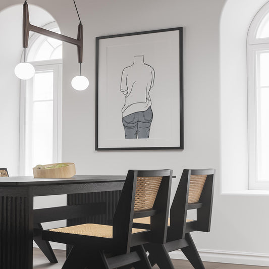 Line Art - Jeans Denim Model 55 framed artwork in modern dining room.