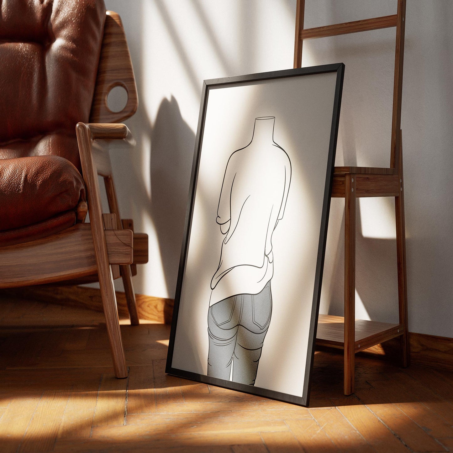 Line art of figure in jeans and bold top displayed in frame, sunlight highlighting details, suitable for digital projects.