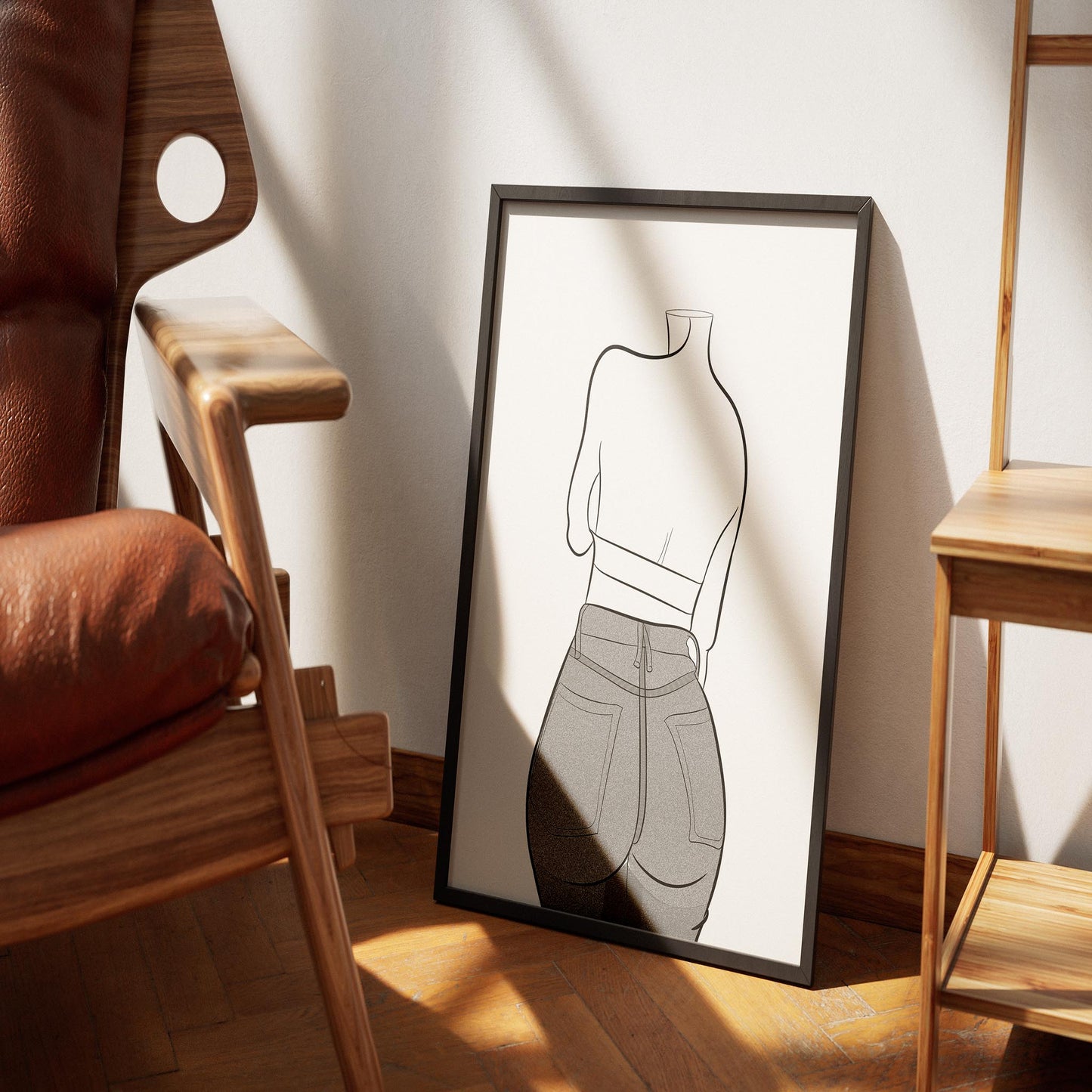 Line art of stylized jeans denim model in a modern setting.