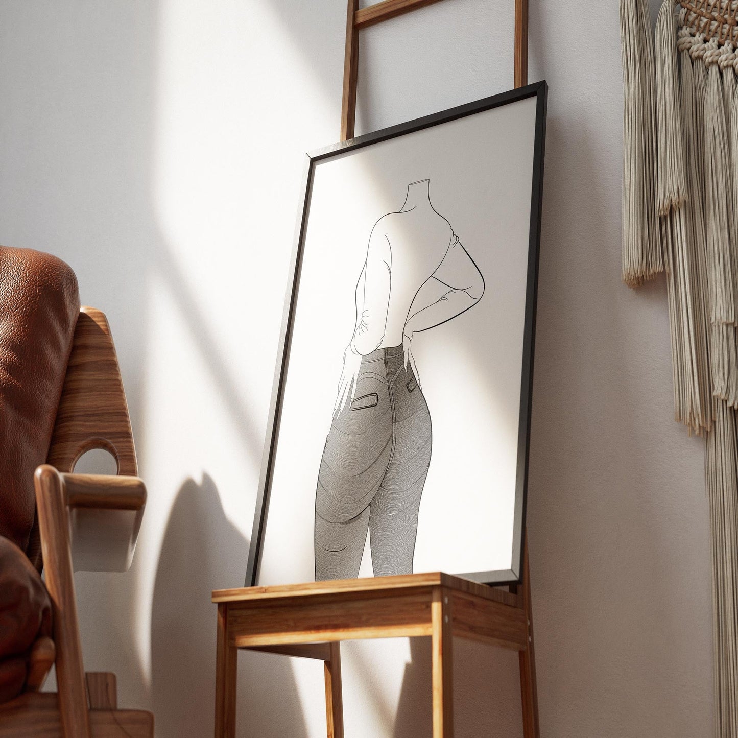 Line Art - Jeans Denim Model 60 artwork in black frame on a chair, showcasing stylish denim fashion illustration.