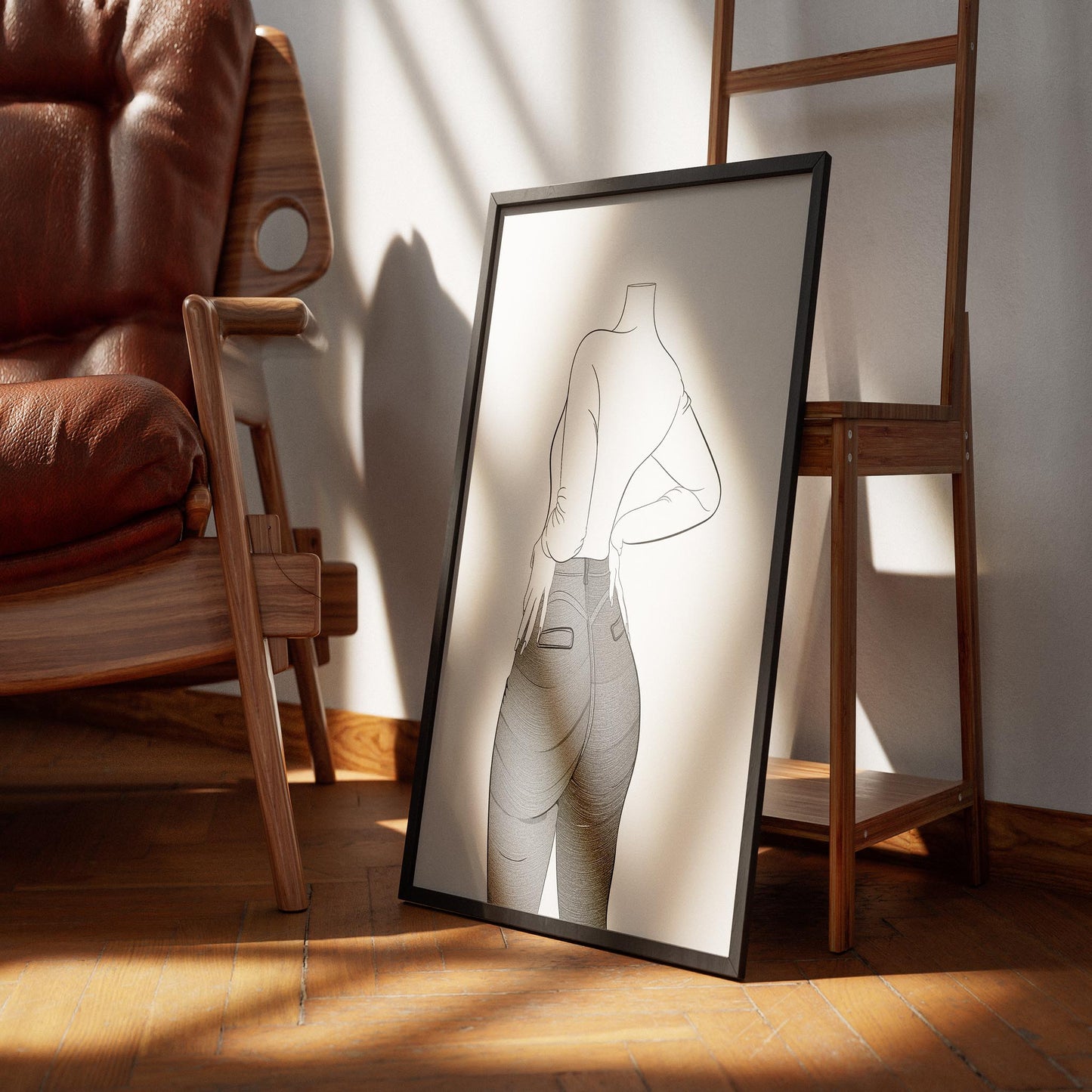 Line art illustration of a stylish figure wearing denim, emphasizing texture and highlights in a confident pose.