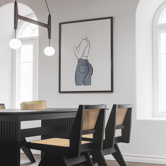 Line art artwork of a figure in blue denim jeans and sleeveless top on a wall in modern dining room.
