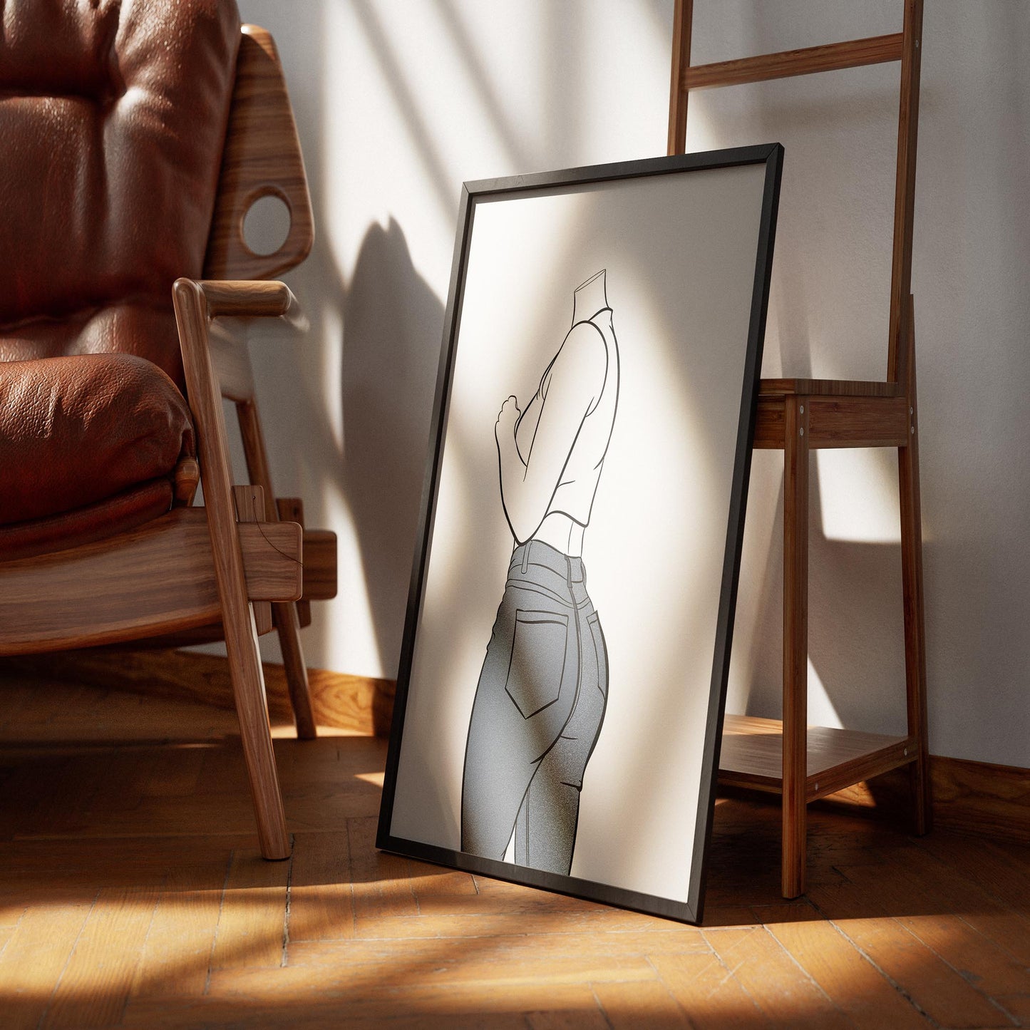 Line art of a figure in blue denim jeans and sleeveless top, framed and displayed on wooden floor.