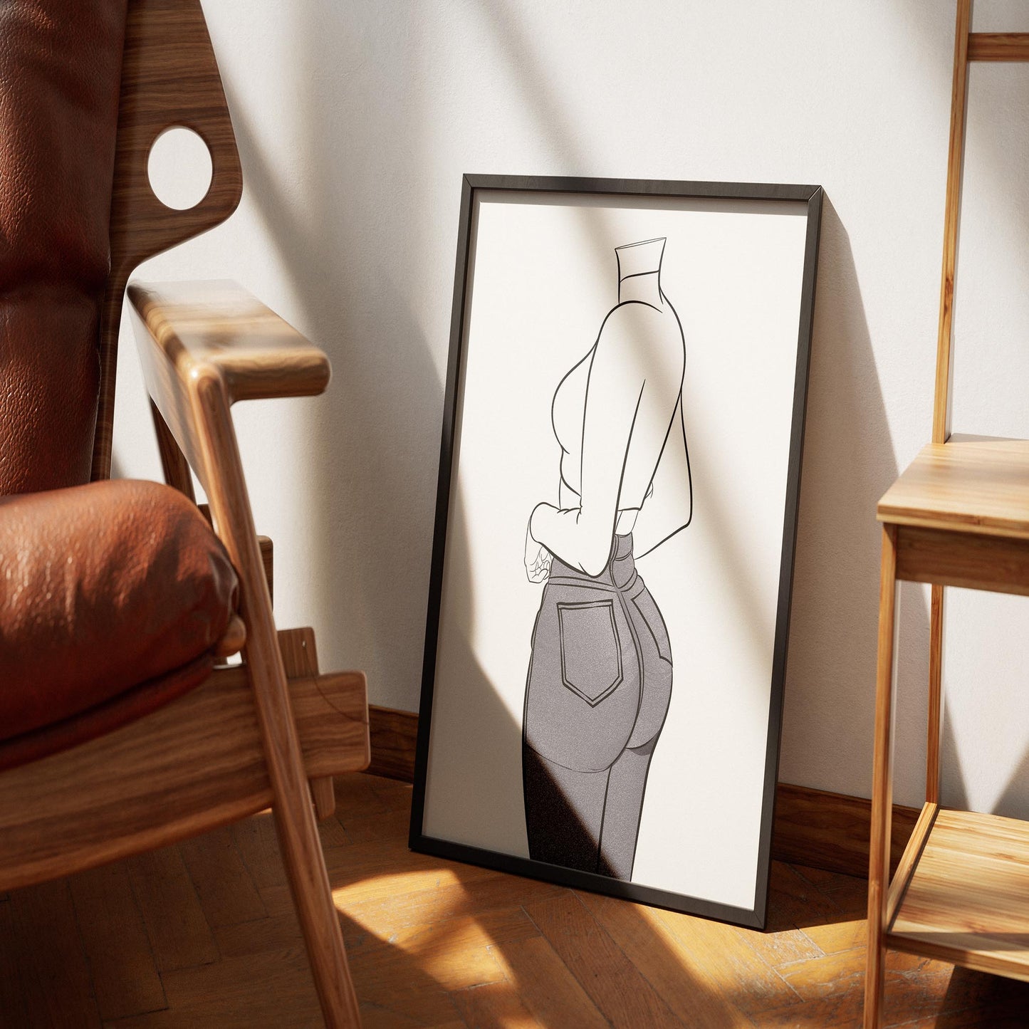 Line art illustration of a figure in high-waisted denim jeans and crop top, emphasizing curves with detailed pockets and shading, framed in a stylish setting.