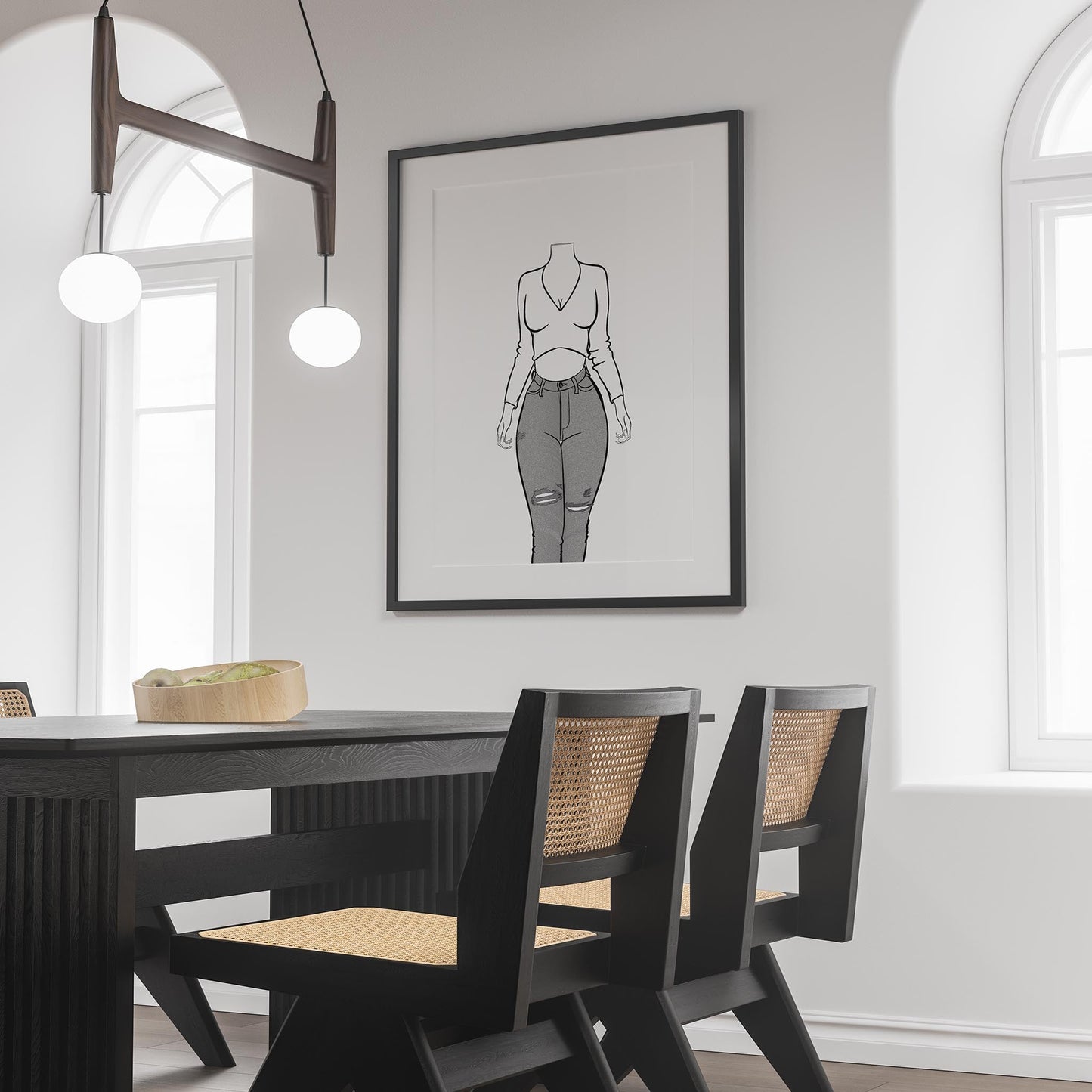 Line art design of modern character wearing cropped top and ripped jeans, framed on a wall.