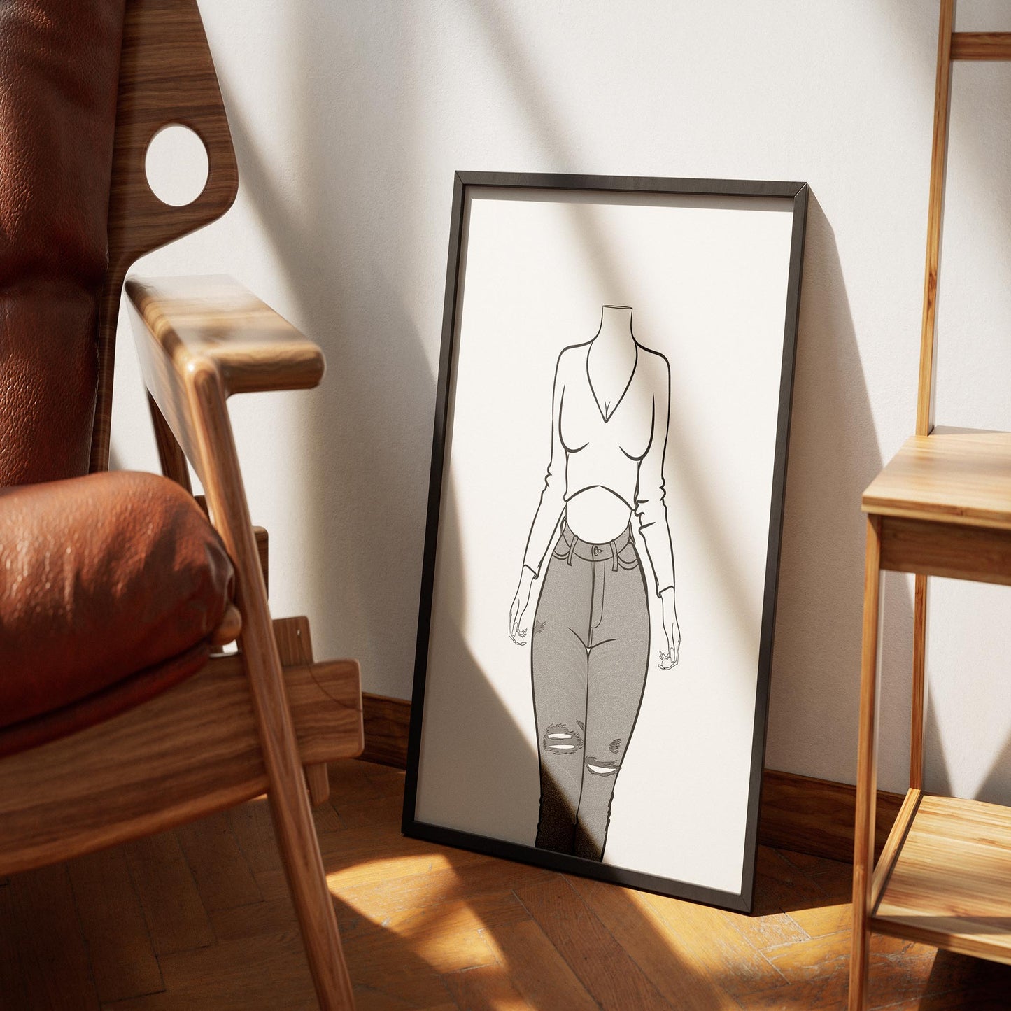 Line art of modern denim fashion featuring cropped top and distressed jeans.