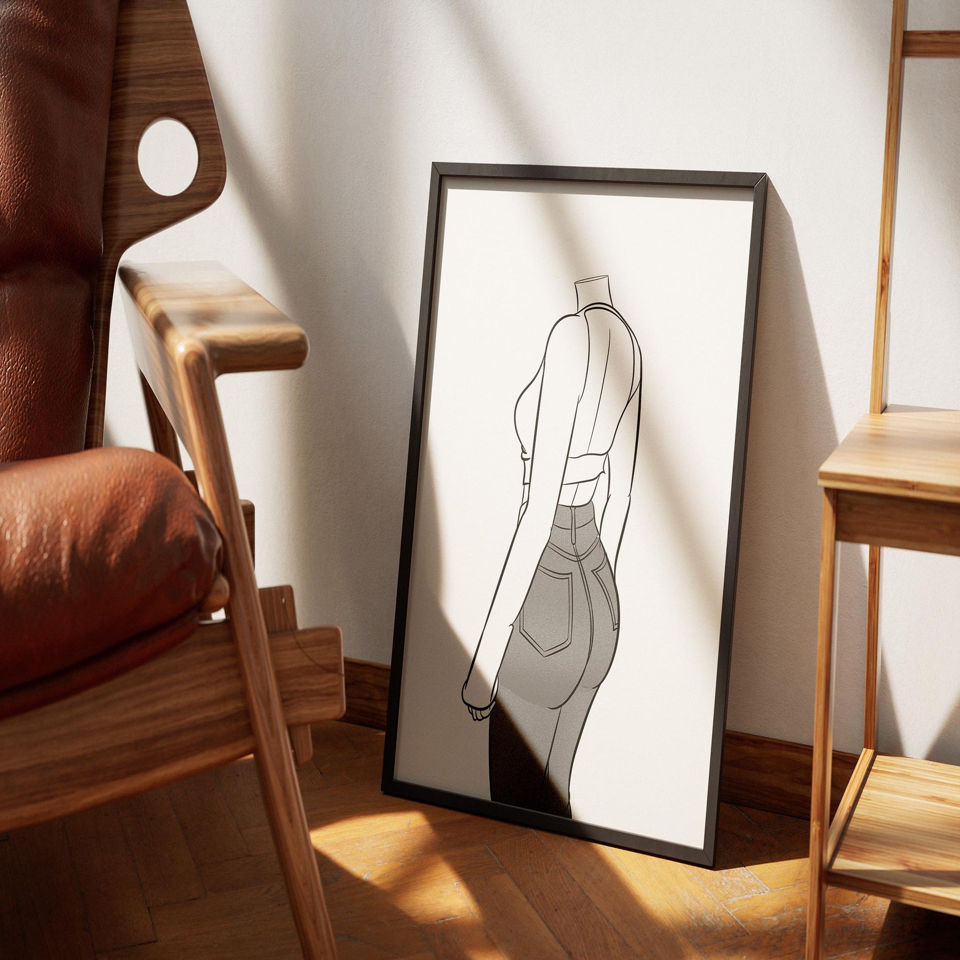 Line art of a character in high-waisted blue denim jeans and cropped black top, highlighting denim texture and natural curves.