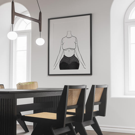 Line art of a seated model wearing high-waisted jeans and a crop top displayed in a modern dining room.