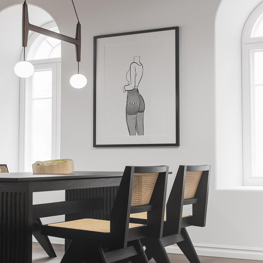 Line art of a model wearing high-waisted jeans and a crop top displayed on a wall.